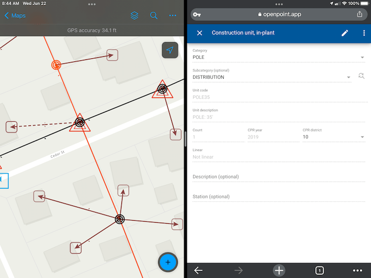 Side by Side ArcGIS Field Maps and OpenPoint Screenshots