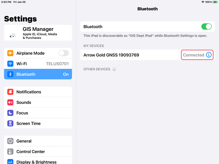 iOS Bluetooth Settings Arrow Gold Connected