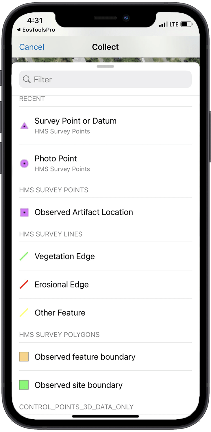 ArcGIS Field Maps screenshot displays details for collecting an archaeology asset