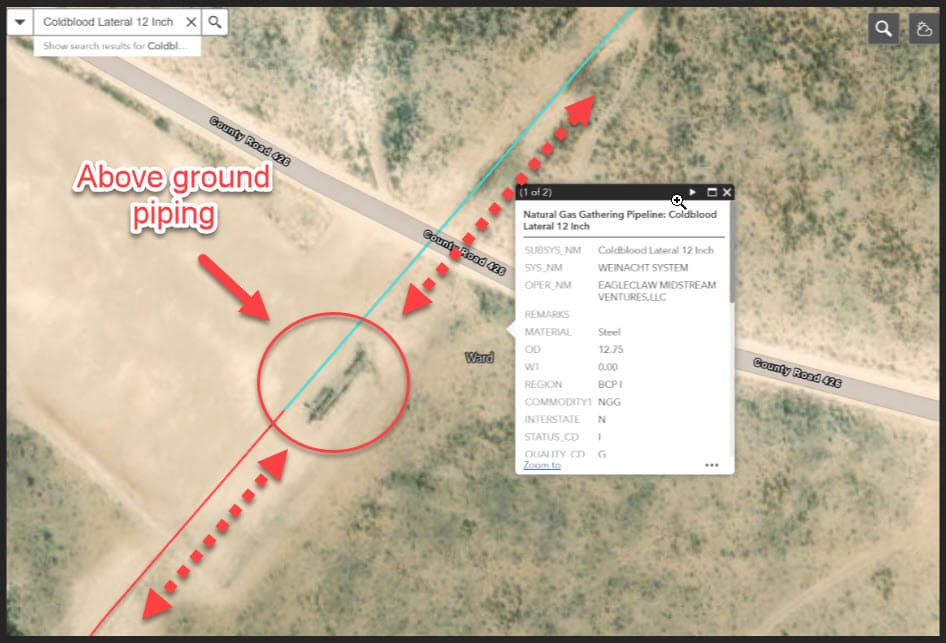 Legacy GIS shows a buried pipe running as a linear feature, while imagery shows it likely bends