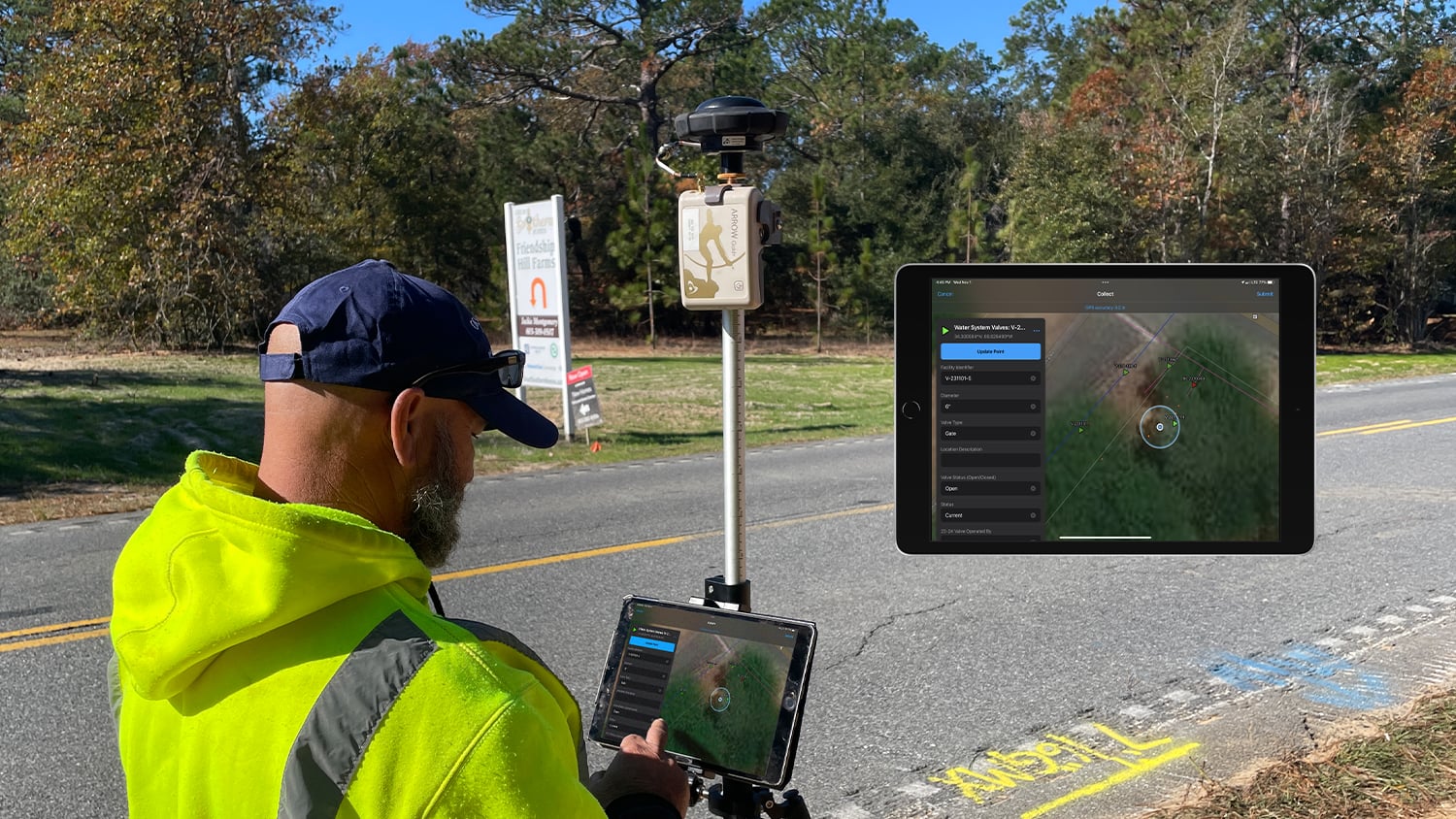 Cassatt Water's Water Quality Manager John Bowers maps a valve with sub-inch accuracy using an Arrow Gold+ receiver, iPad, and ArcGIS Field Maps.