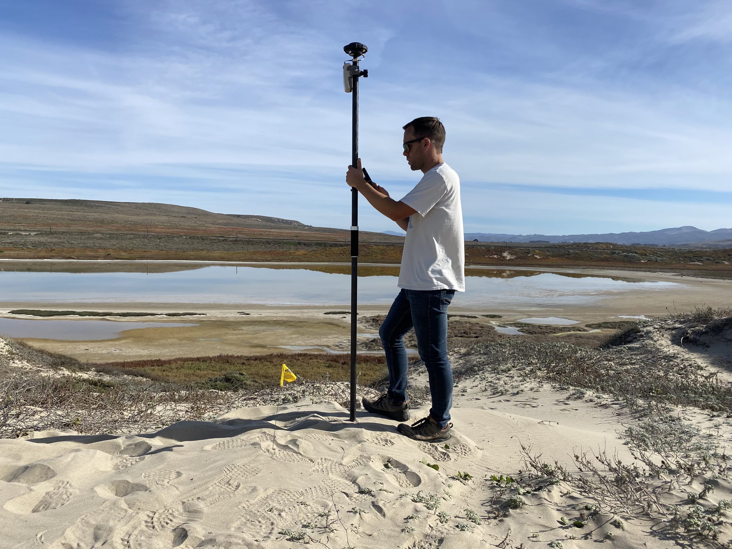 Dr. Kyle Emery, beach ecology study, collecting data with Arrow Gold GNSS receiver, ArcGIS Field Maps, iPhone