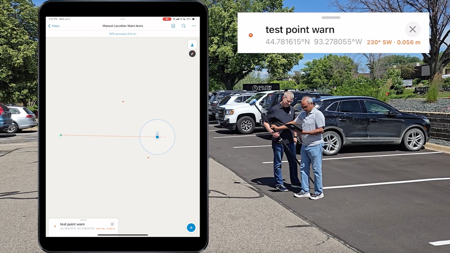 Eos CTO Jean-Yves Lauture demonstrates the new Skadi TIlt Compensation to Bolton & Menk for high-accuracy utility data collection