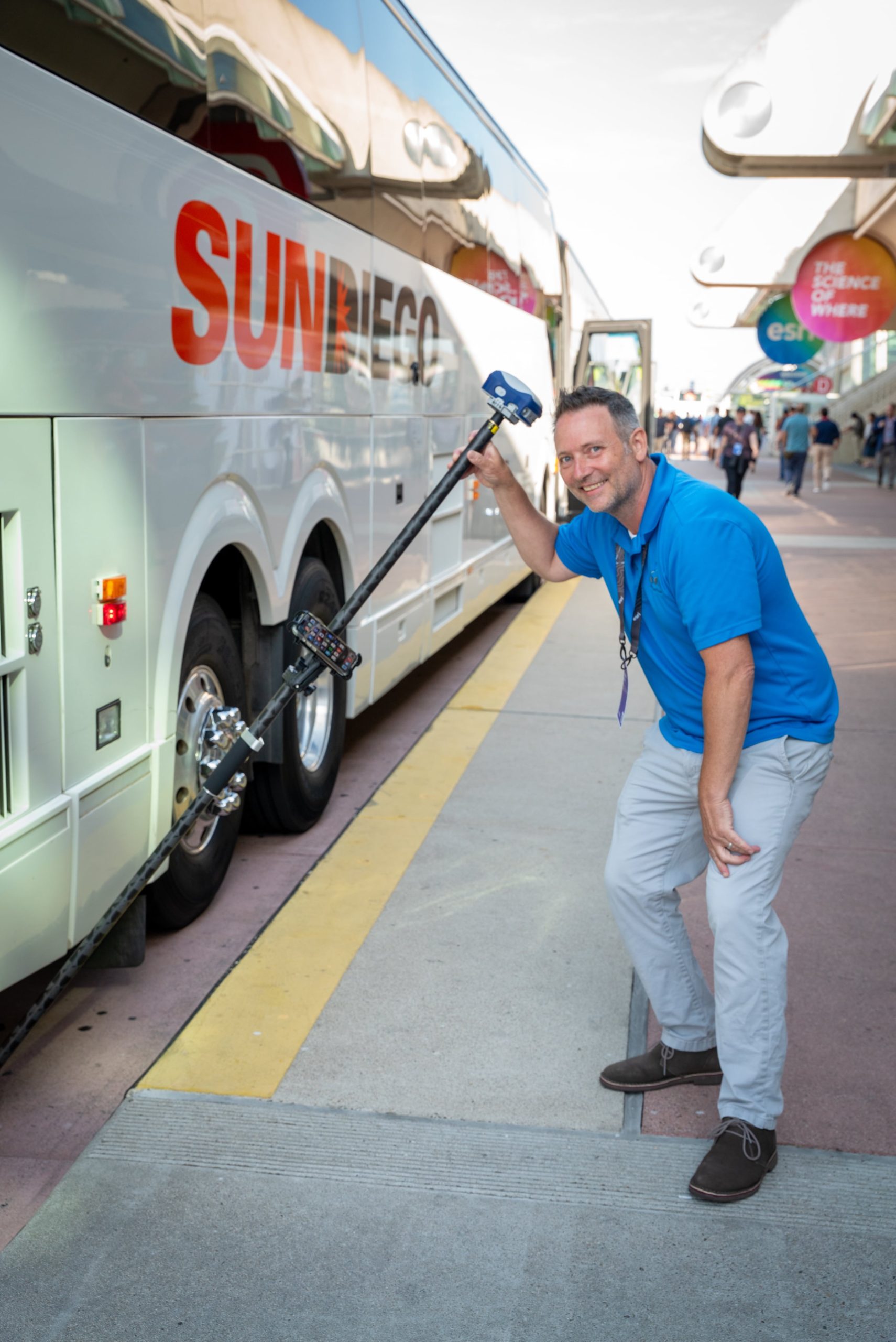 Isaiah Mack, GNSS demonstration, Skadi Tilt Compensation, range pole, Skadi Gold, RTK, tilt compensation 2024 Esri User Conference UC, San Diego, bus