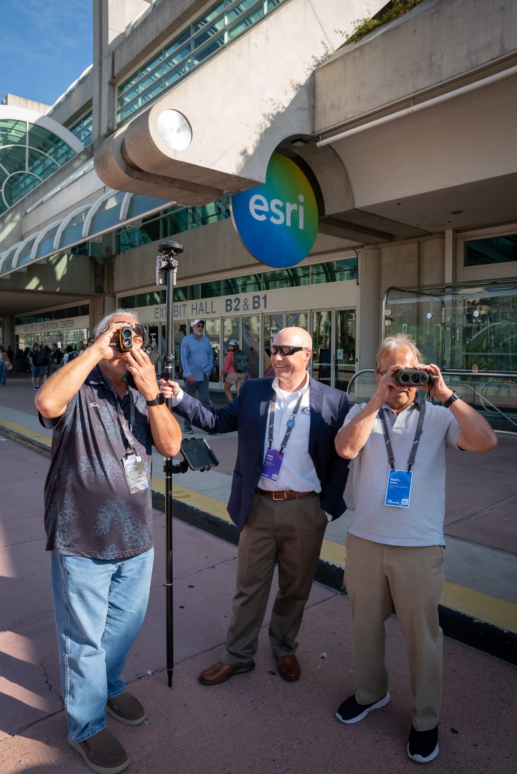 Mike George, 2024 Esri User Conference, UC attendees, laser mapping demonstration, Arrow Gold GNSS receiver on range pole, Laser Tech, Laser Technology Inc, LTI, laser rangefinder, TruPulse, Eos Positioning Systems, San Diego Convention Center exhibit hall B2 and B1