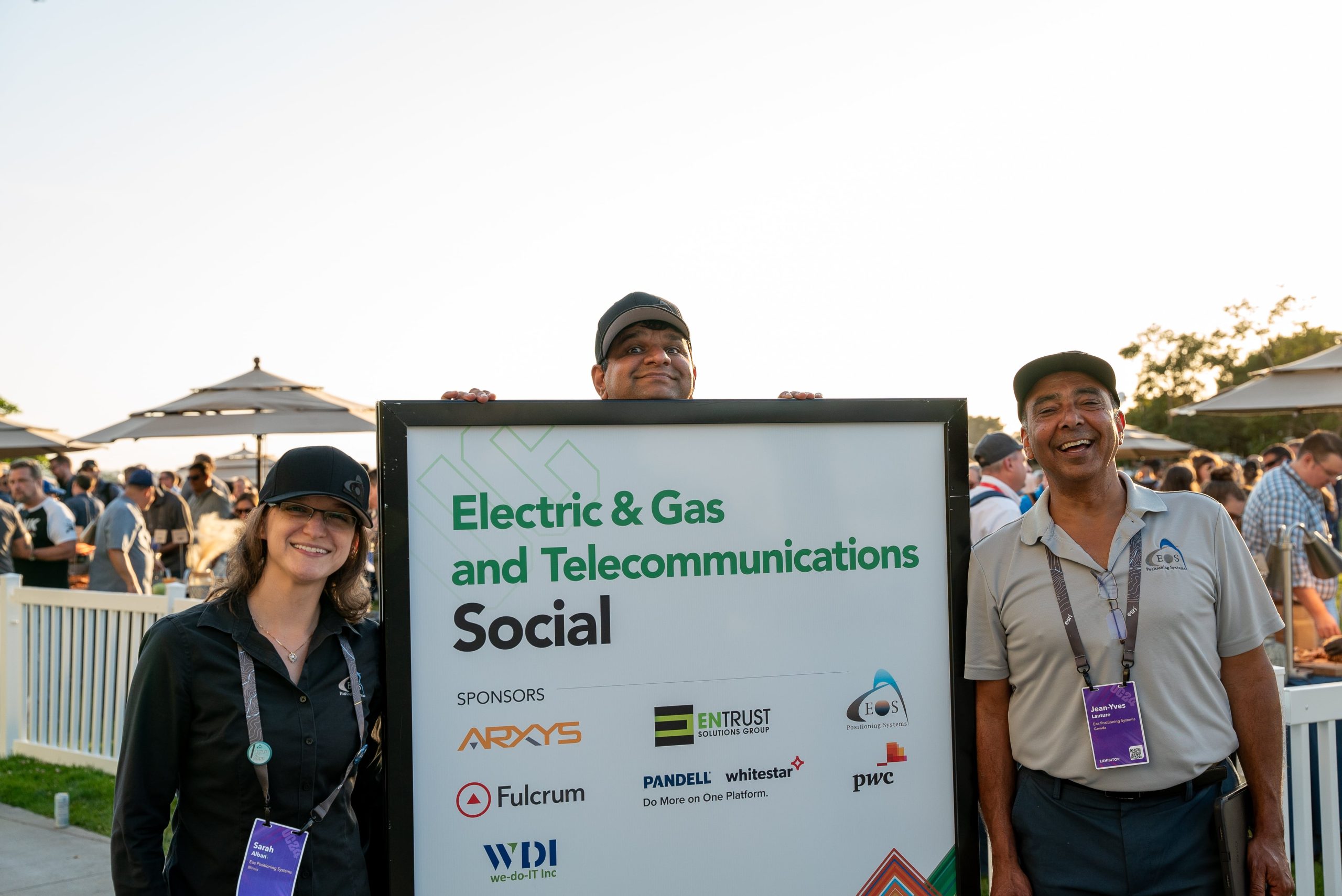 Sarah Alban, Satyam Dave, Jean-Yves Lauture, Electric, Gas and Telecommunications social, 2024 Esri UC, San Diego lawn, sponsors