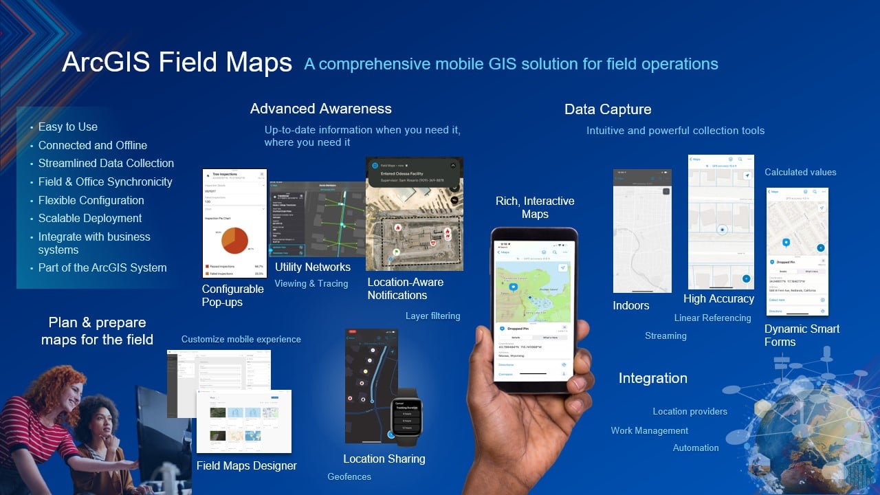 ArcGIS Field Maps is a comprehensive mobile GIS solution for field operations, using advanced awareness, data capture, integration, and more to plan and prepare maps for the field