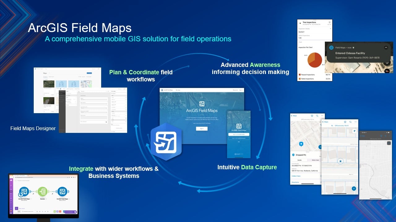 Plan and coordinate field workflows with Field Maps Designer, advance awareness to inform decision making, integrate with wider workflows and business systems, and employ intuitive data capture