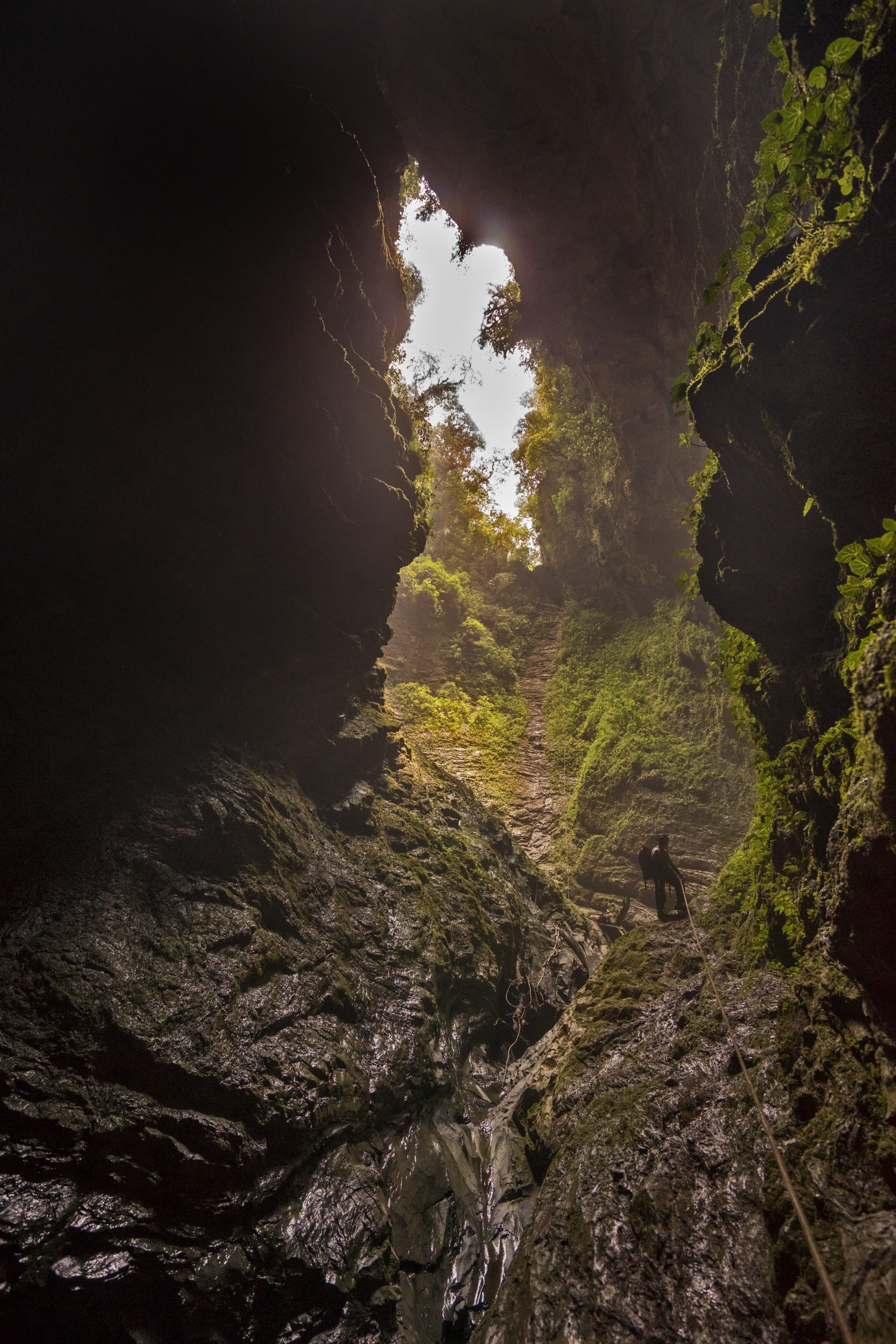 A view from the San Agustín cave entrance taken by an explorer after completing a jungle drop into the Sistema Huautla cave system.