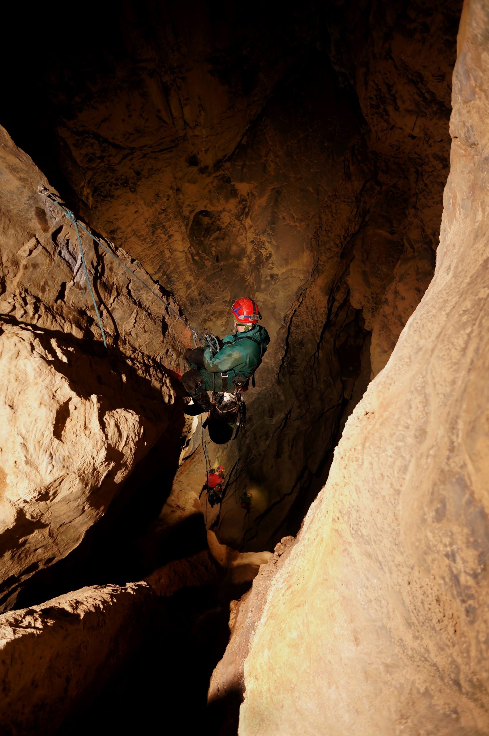 Seen here NAME descends into the San Agustín Bowl. NAME is taking the Fools Day Extension, a route found during the 1980s that proved a shortcut to the deep area of San Agustín, saving explorers several hours in travel time. This photo was taken circa 2013-2015. (Photo by TBD)