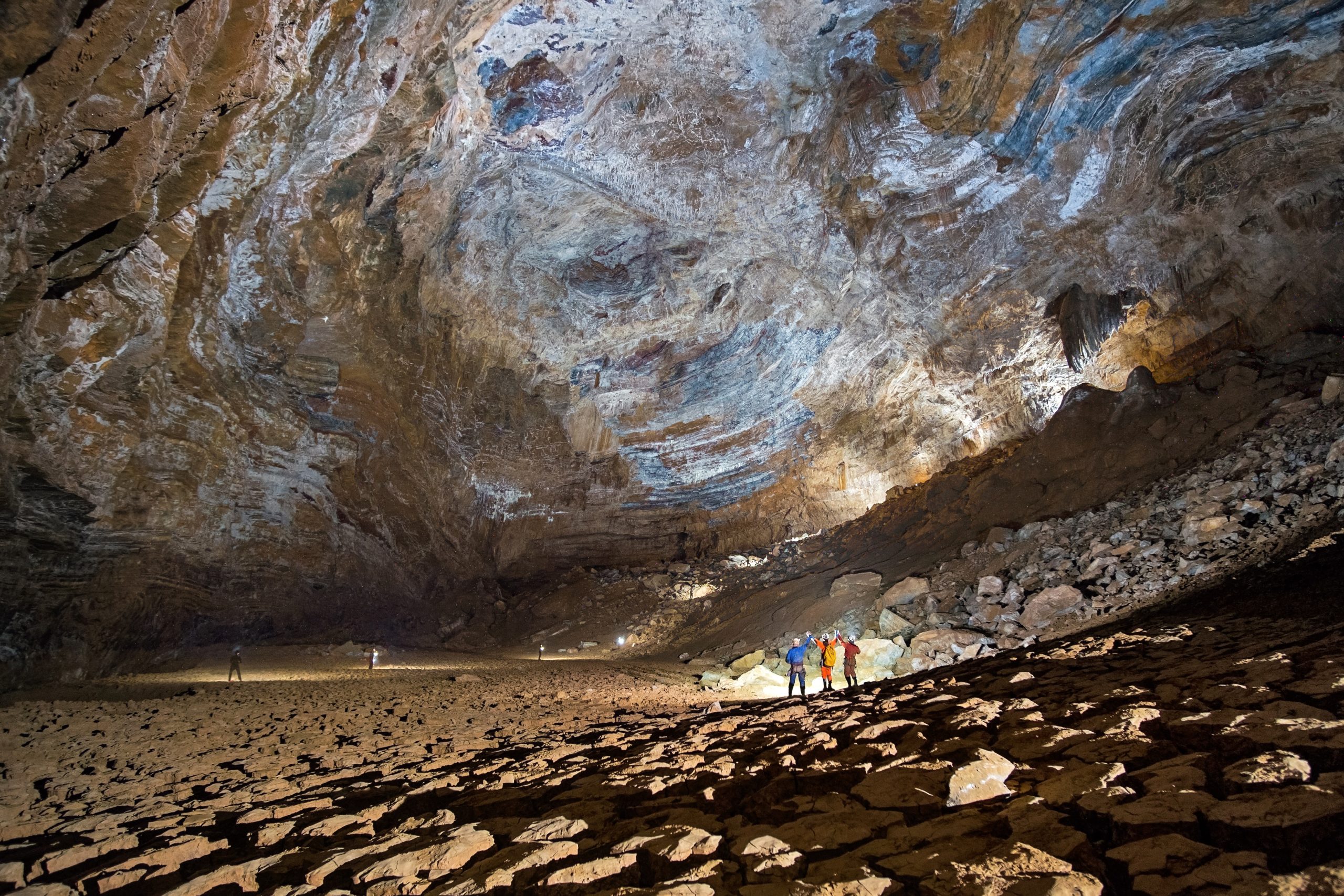 Seen here is the San Agustín Anthodite Hall near the village of San Agustín Zaragoza, Mexico. Cavers first visited the Sotano de San Agustín cave entrance in 1966. Anthodite Hall as noted. Anthodite Hall was first discovered by Bill Stone and Tommy Shifflett in 1979, from a 100-foot aid climb. This photo is from circa 2013-2015. (Photo by TBD)