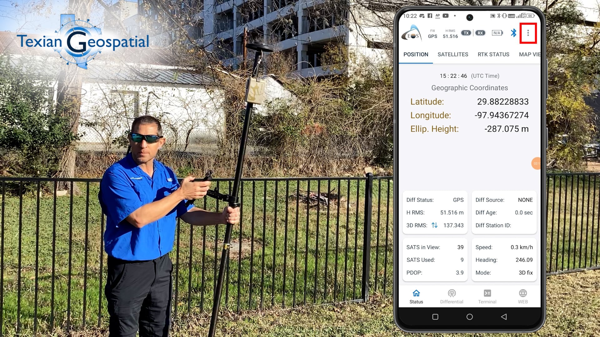 Matt Dove of Texian Geospatial shows the ellipses button within the Eos Tools Pro app from Eos Positioning Systems