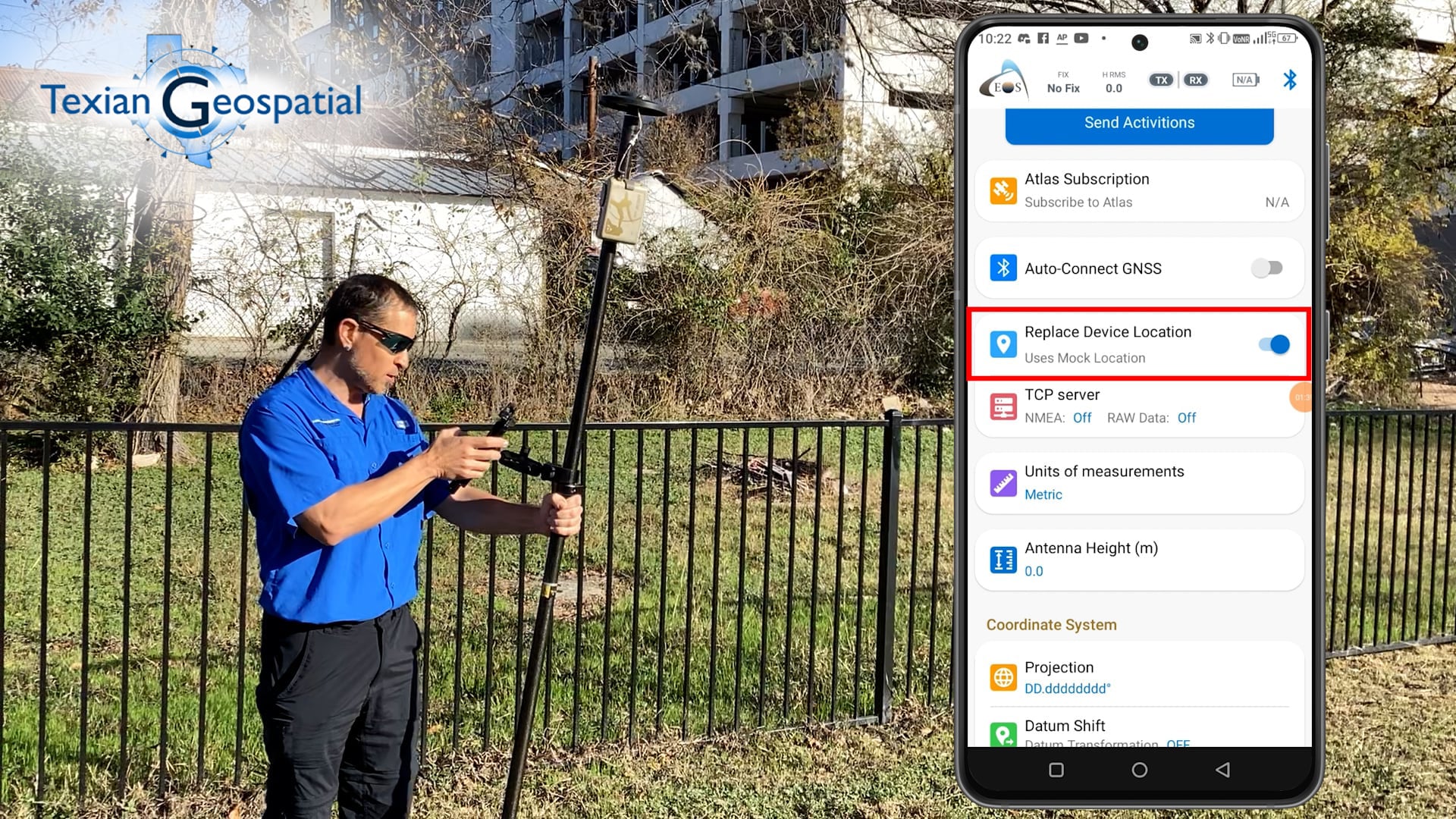 Matt Dove of Texian Geospatial demonstrates how to replace your device location within the Eos Tools Pro app