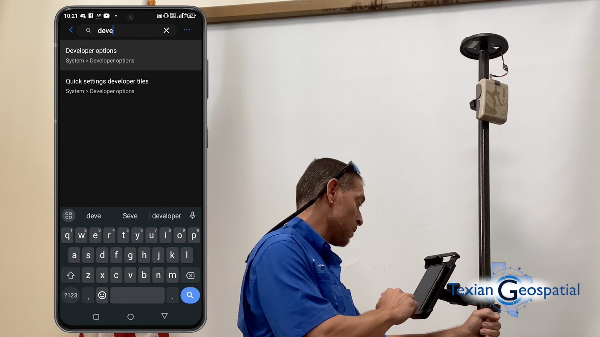 Matt Dove, GIS Analyst from Texian Geospatial, shows how to search for your developer options within Android settings