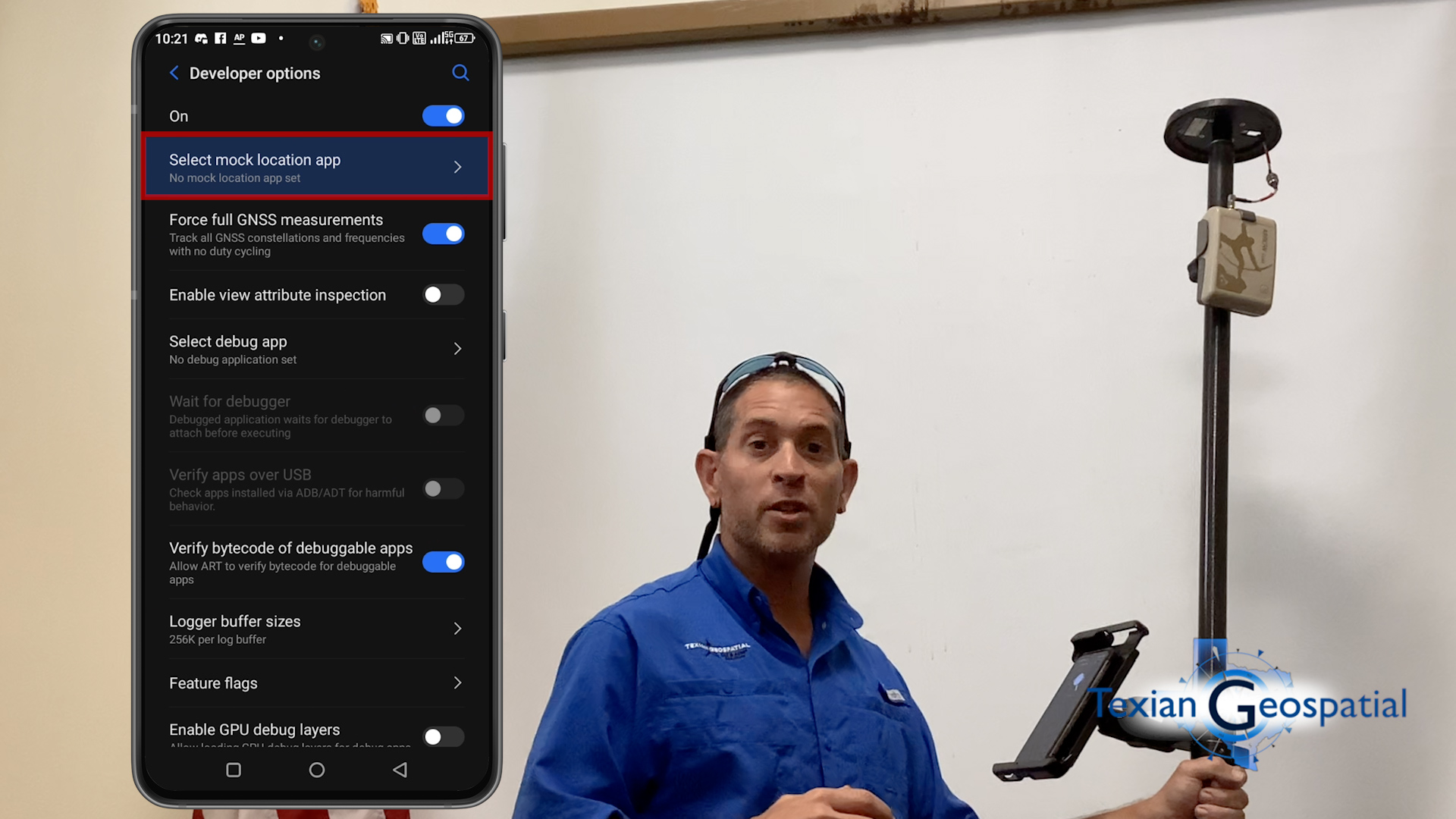 Matt Dove of Texian Geospatial GIS and Asset Solutions shows how to select your mock location app within Android settings