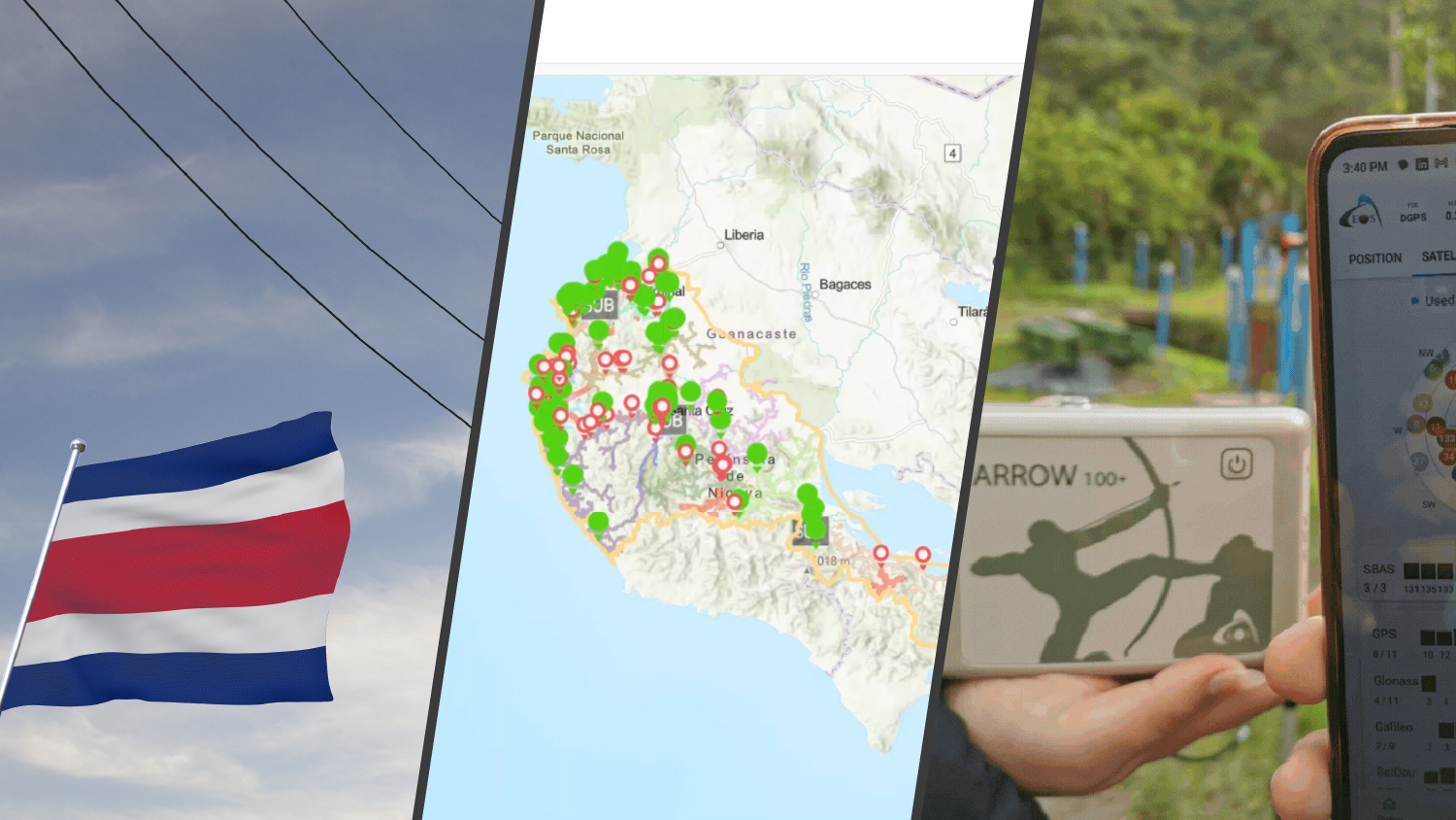 Costa Rica flag with electric utility assets in background beside utility customer map and Arrow 100 GNSS receiver