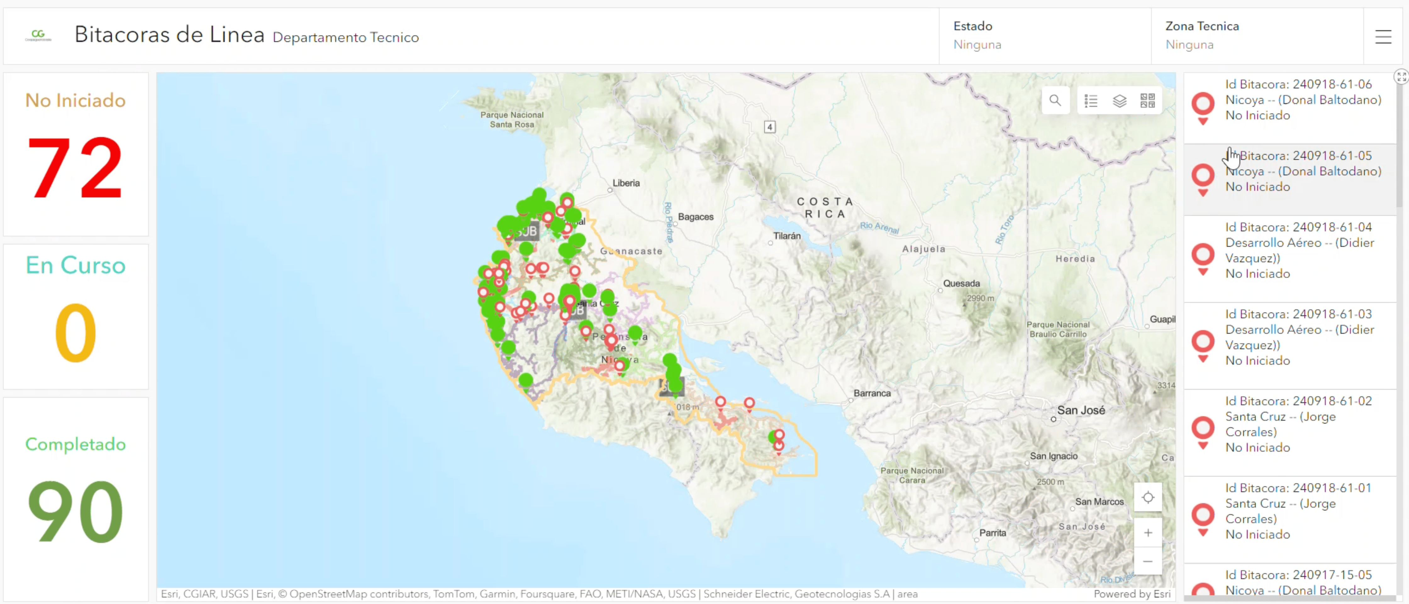 An ArcGIS Dashboard shows the distribution of Coopeguanacaste's 90,000 customers.