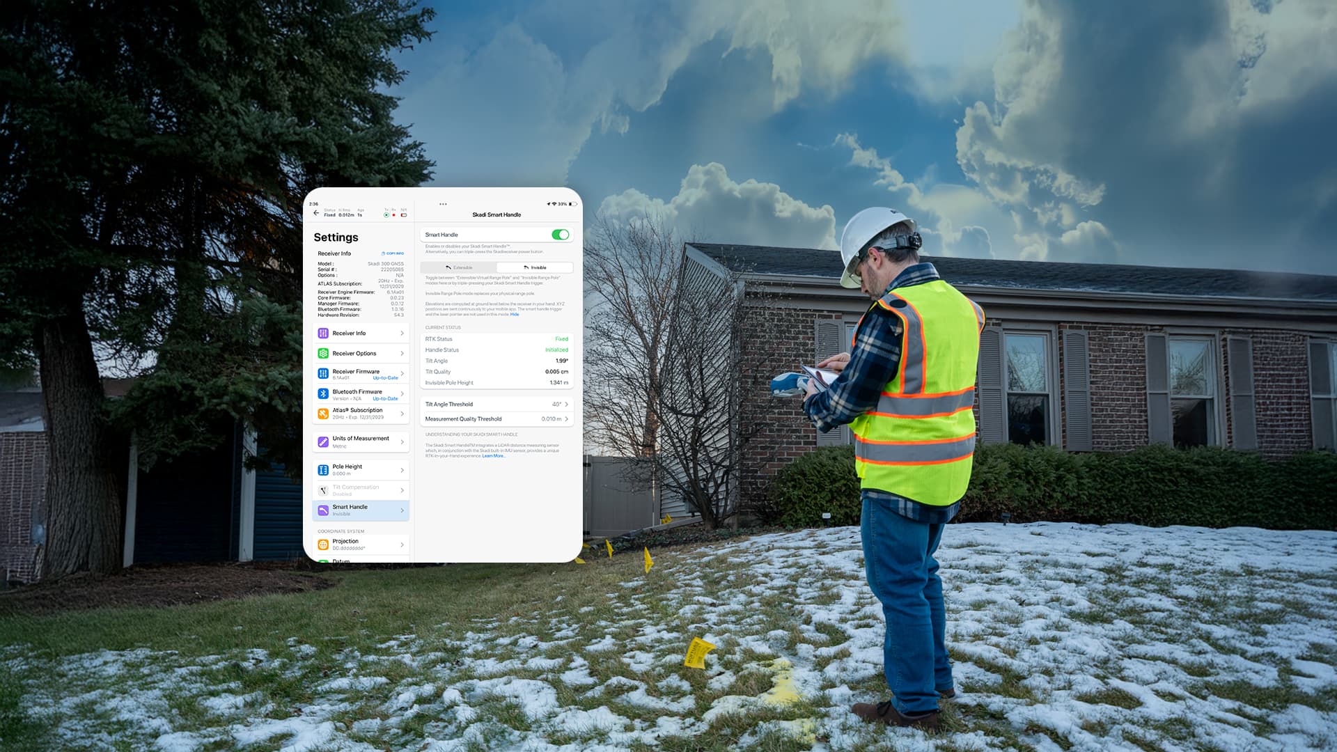 Eos Tools Pro redesigned for updated UI and UX seen here with field worker using Skadi GNSS receiver with Skadi Smart Handle for gas utility field work