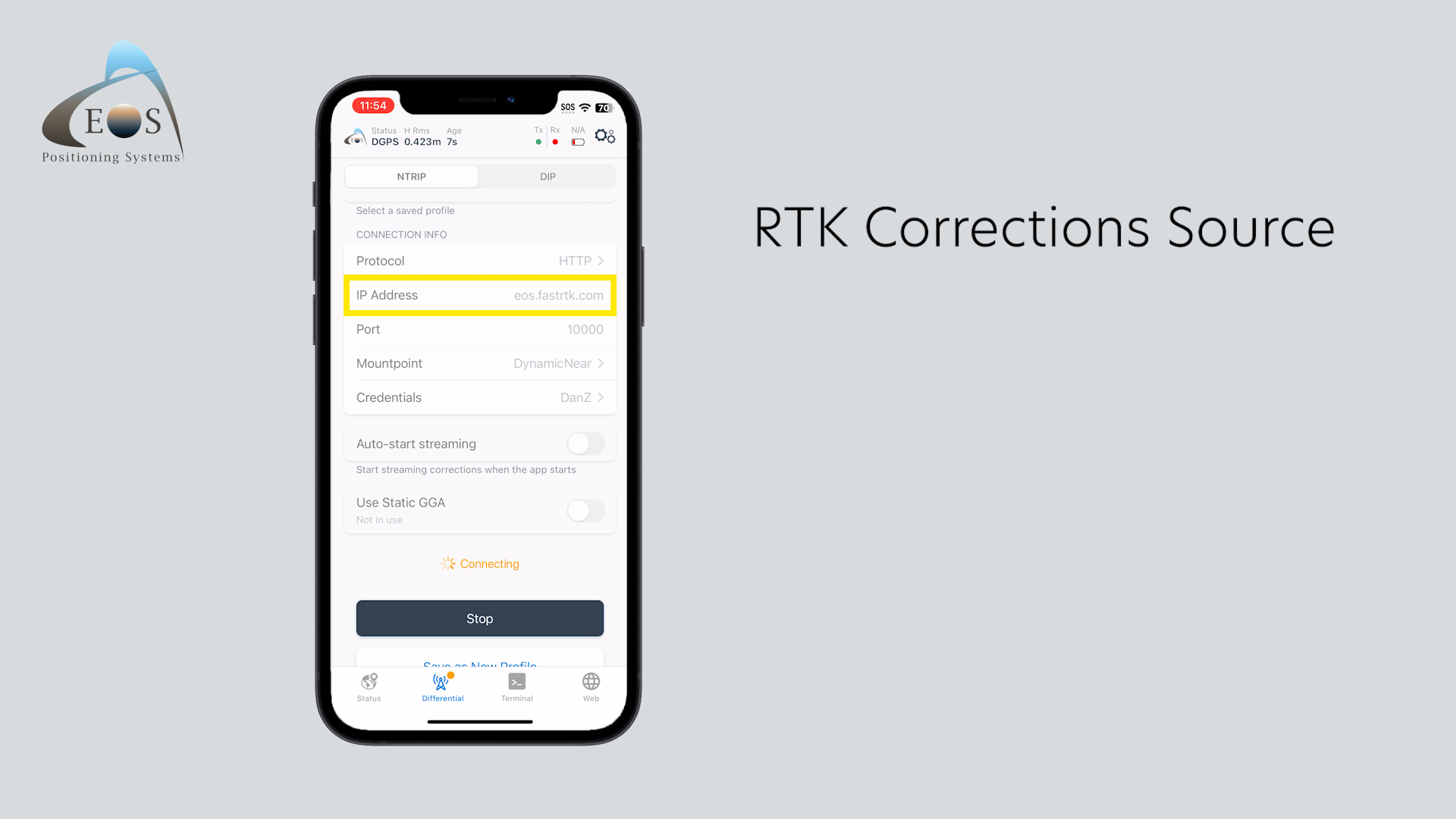 Log in to an RTK corrections source for high-accuracy positions