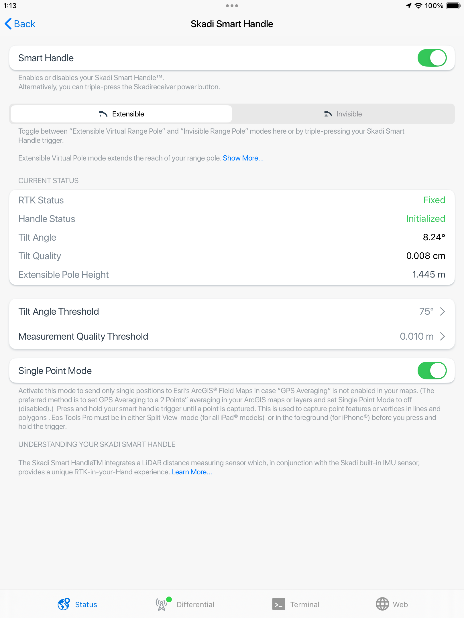 This Eos Tools Pro screenshot shows where to toggle on the "Single Point" mode when using Extensible Virtual Range Pole with ArcGIS Field Maps and NOT using GPS averaging