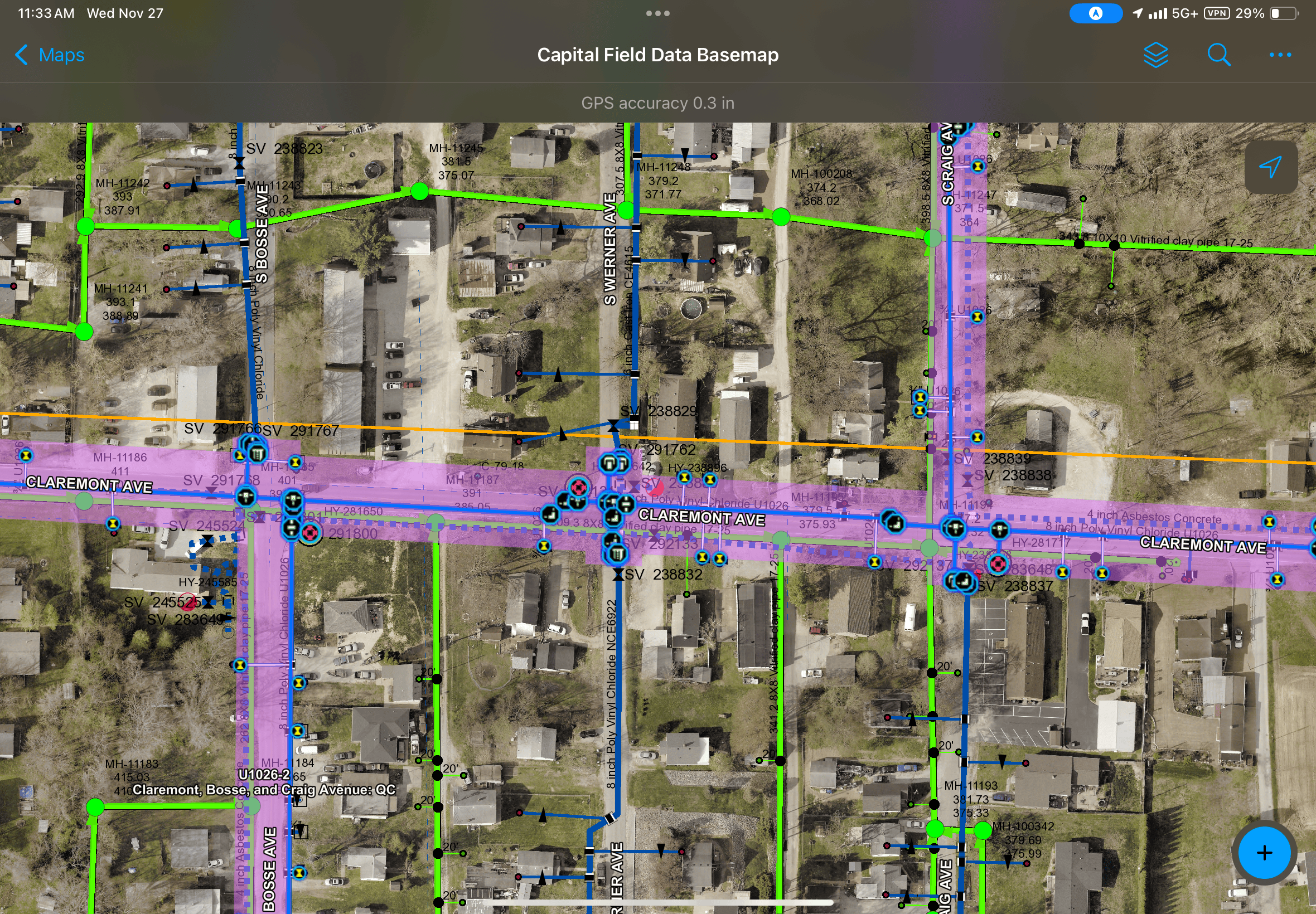 An Evansville Water and Sewer Utility ArcGIS Field Maps Screenshot shows locations collected using the app and Eos Arrow GNSS receivers