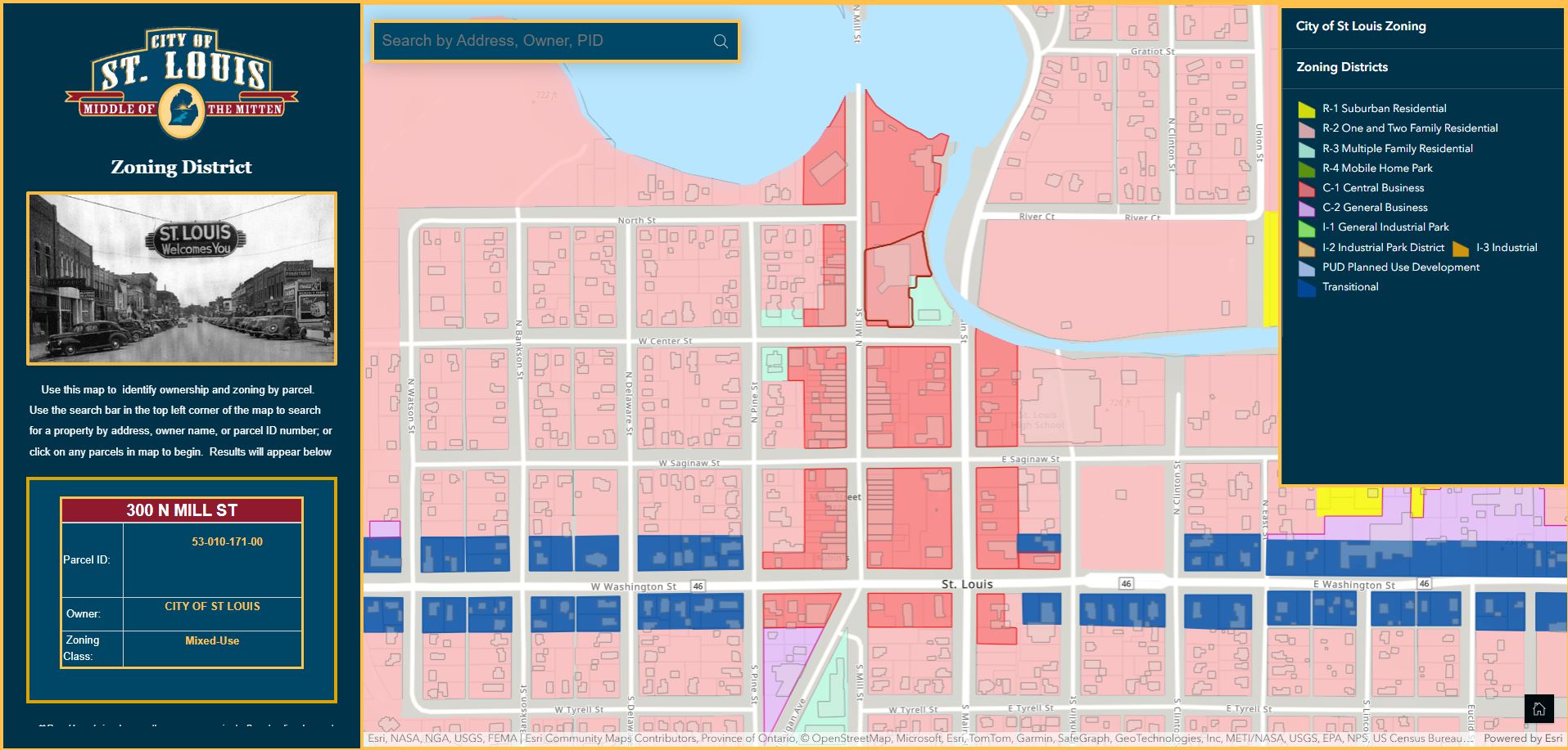A zoomed in view of one region of the City of St. Louis, Michigan, on this ArcGIS web map shows various parcel types and additional information, such as zoning classification, parcel ID number, and owner.