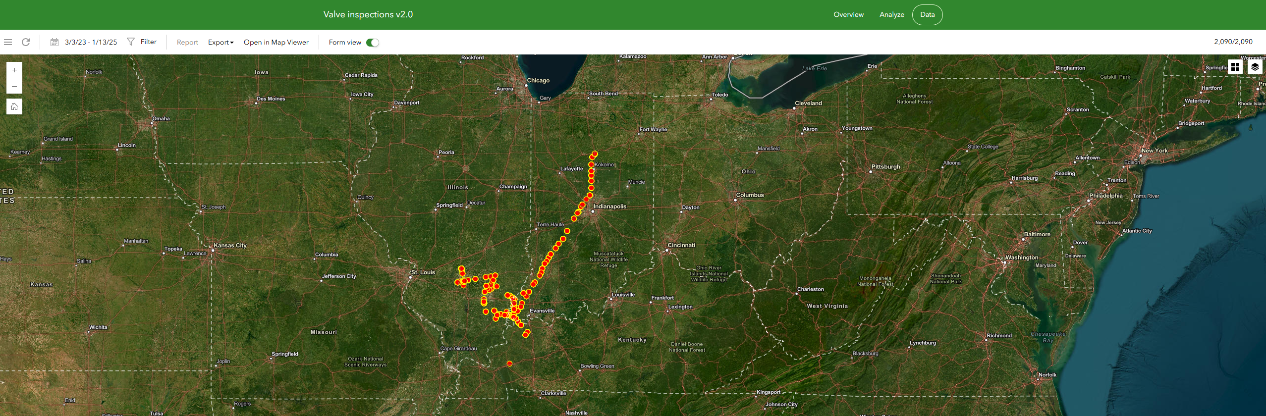 This ArcGIS Survey123 screenshot displays valve inspections conducted by CountryMark across Illinois and Indiana using the Eos Arrow 100 GNSS receiver with ArcGIS apps