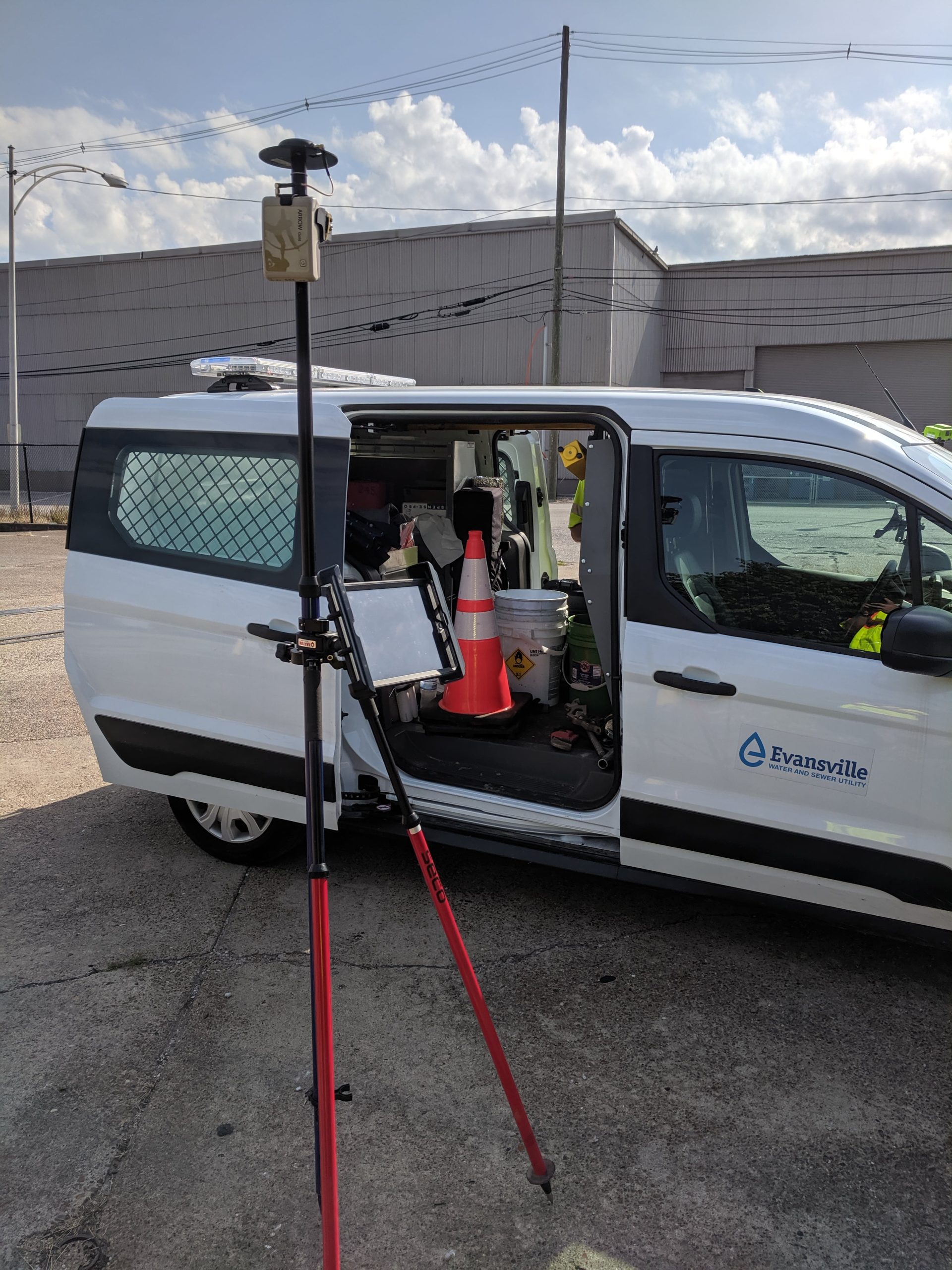 An Evansville Water and Sewer Utility Eos Arrow Gold receiver mounted to a surveying range pole is ready for a day of data collection.