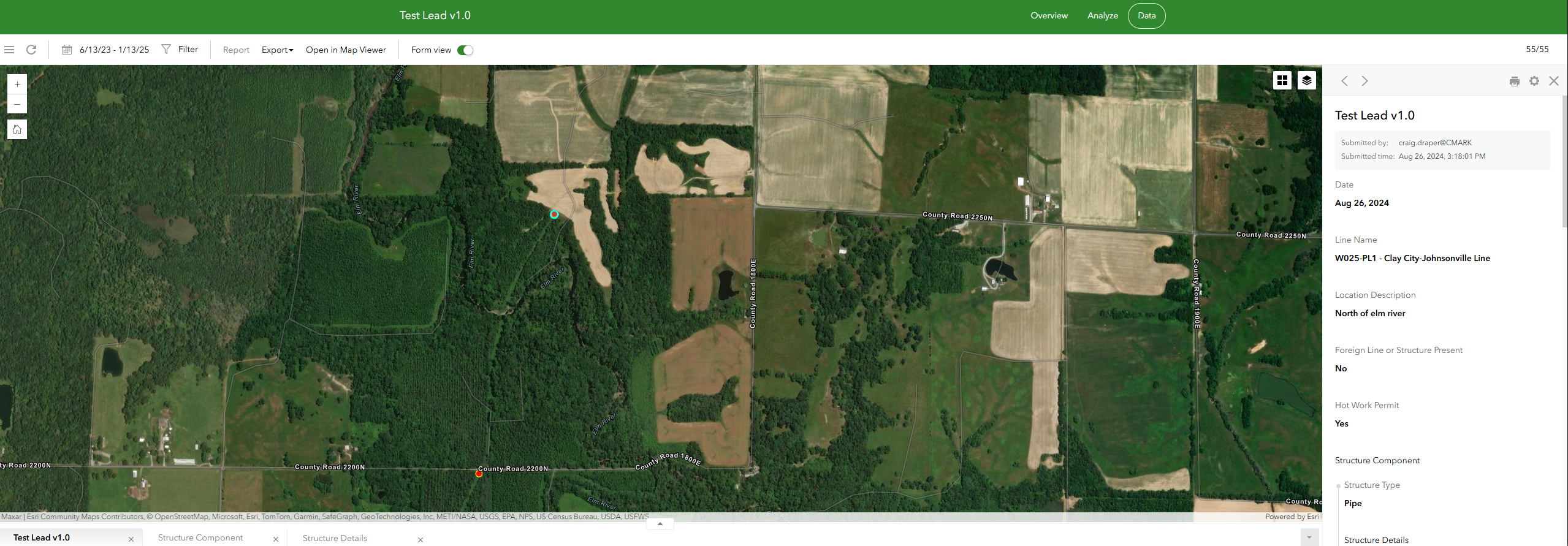 This ArcGIS Survey123 screenshot displays lead tests conducted by CountryMark in both Clay City and Johnsonville, Indiana using Survey123 forms and the Eos Arrow 100 GNSS receiver