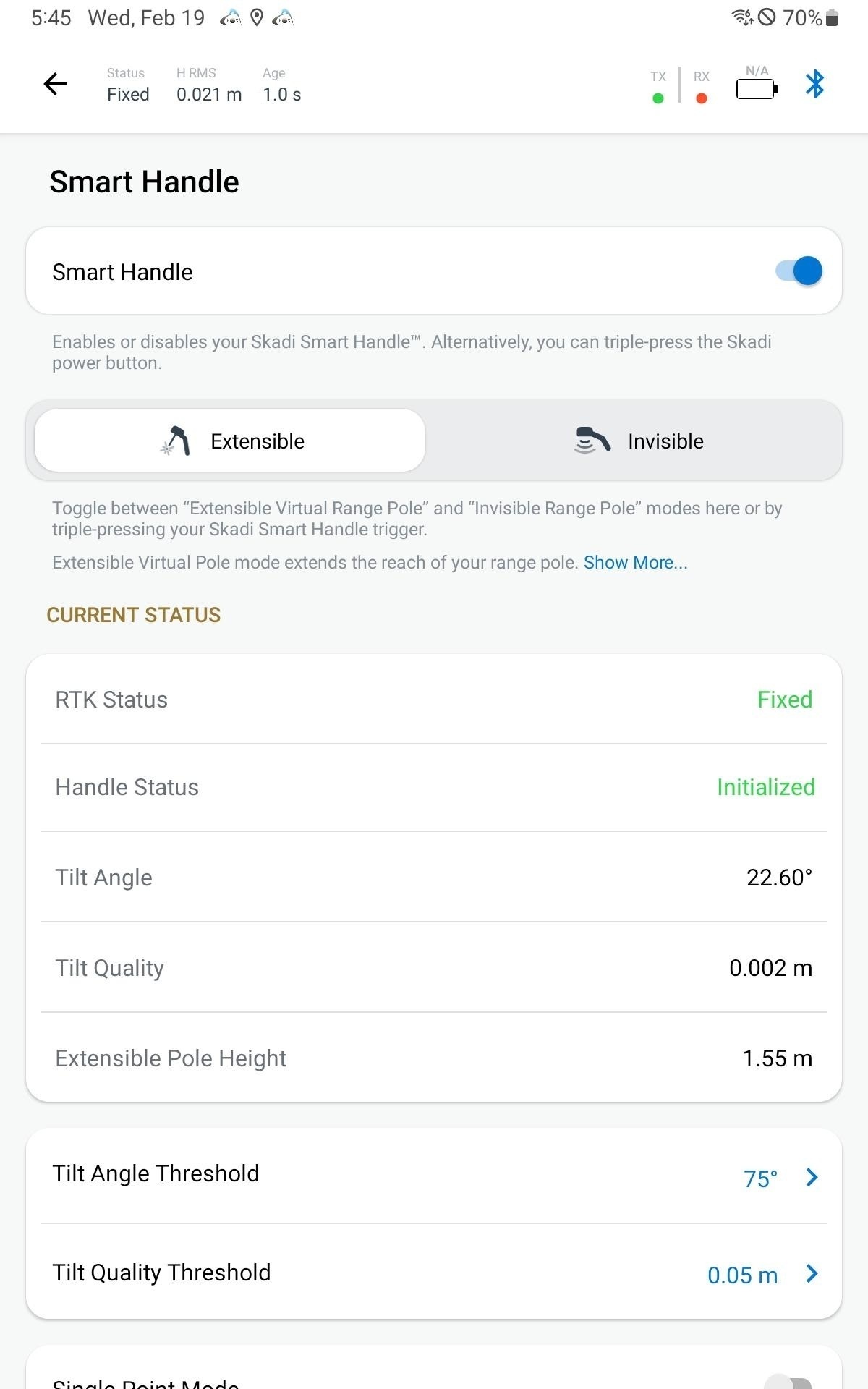 Eos Tools Pro on Android Skadi Smart Handle Settings, Extensible Virtual Range Pole mode