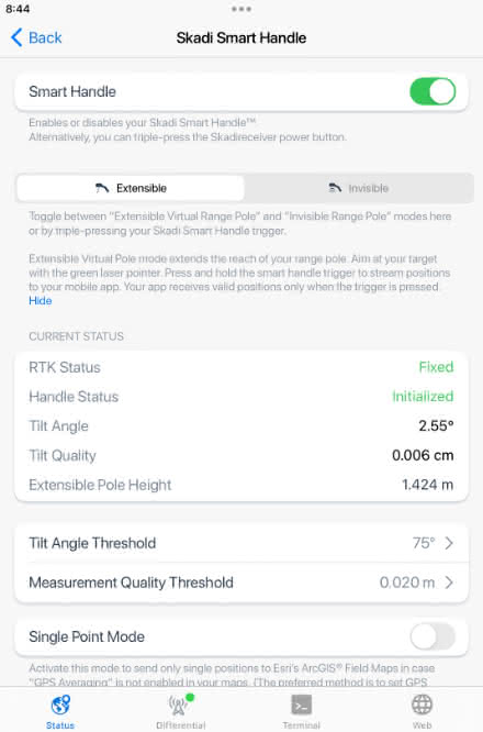 Your settings will look like this when the Skadi Smart Handle has been successfully initialized. The Skadi Smart Handle initializes in the Extensible Virtual Range Pole mode by default. (Eos Tools Pro screenshot when using Skadi Smart Handle)