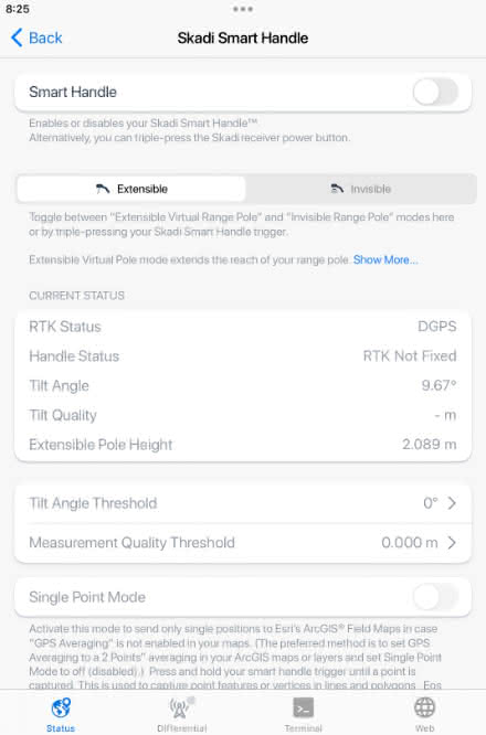 Toggle on the Smart Handle switch at the top of the Eos Tools Pro Skadi Smart Handle settings page. (Eos Tools Pro screenshot when using Skadi Smart Handle)