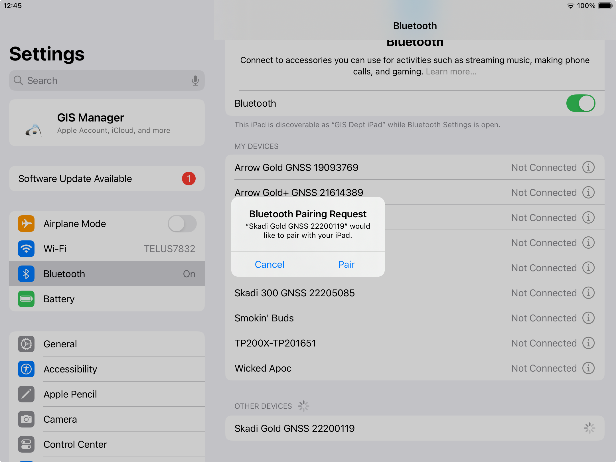 iOS device Bluetooth Pairing to Skadi - Bluetooth settings 2 - Bluetooth Pairing Request popup