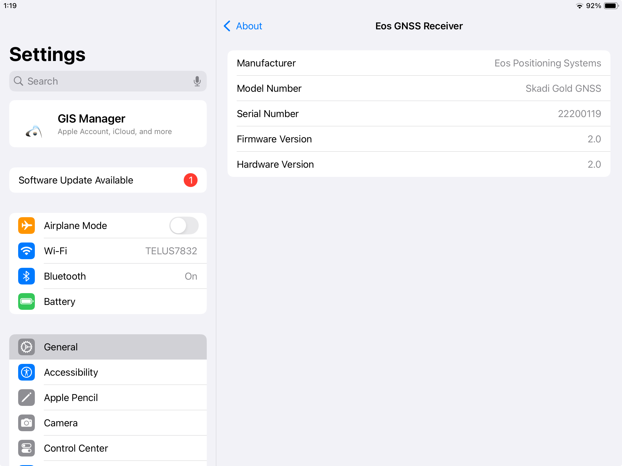 iOS device Bluetooth Pairing to Skadi - Bluetooth settings 4 - Skadi receiver appears in General About Eos GNS Receiver settings