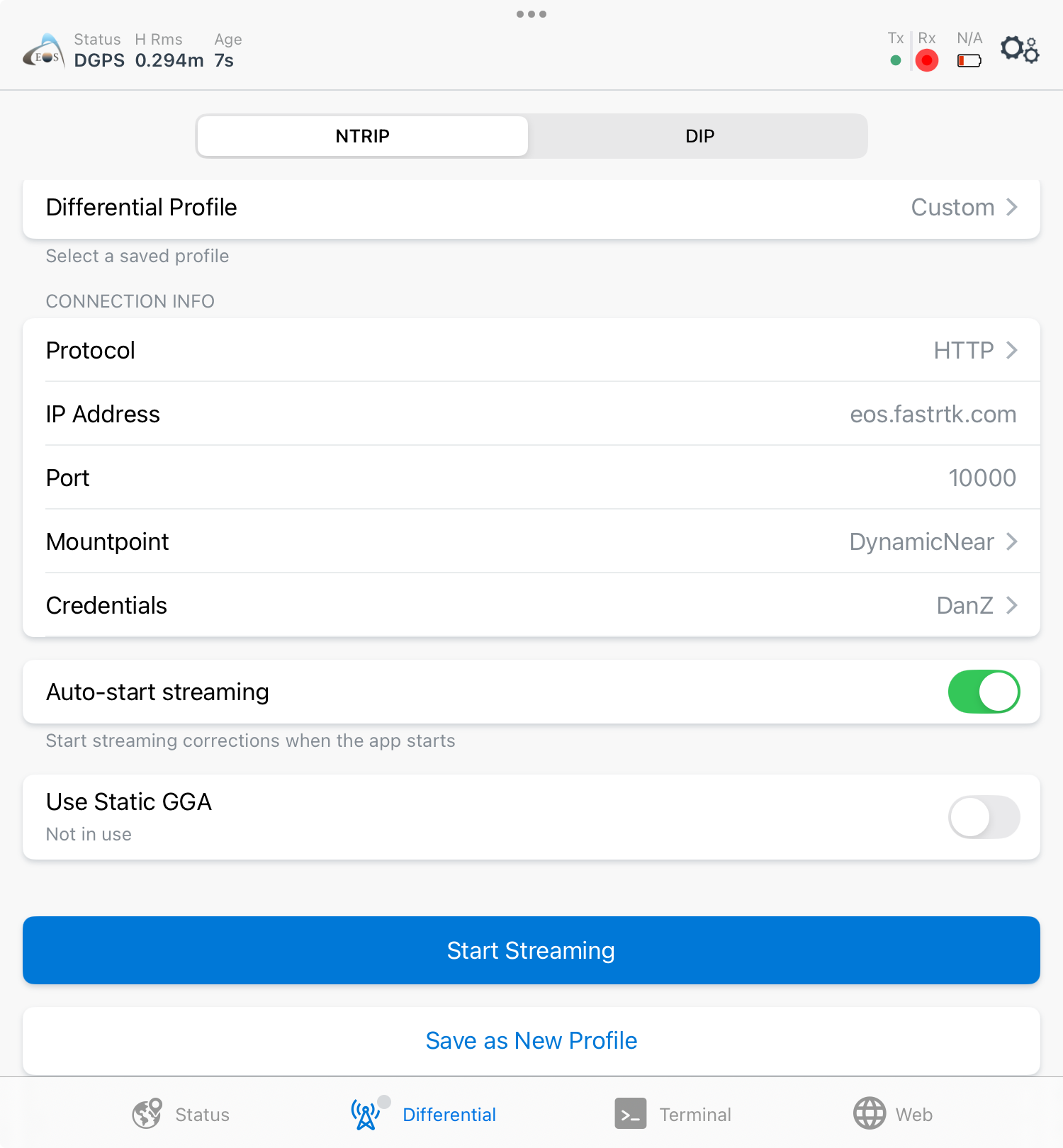 Tip: If you would like to start streaming corrections from this NTRIP configuration every time you launch Eos Tools Pro, toggle on the Auto-start streaming switch before connecting.