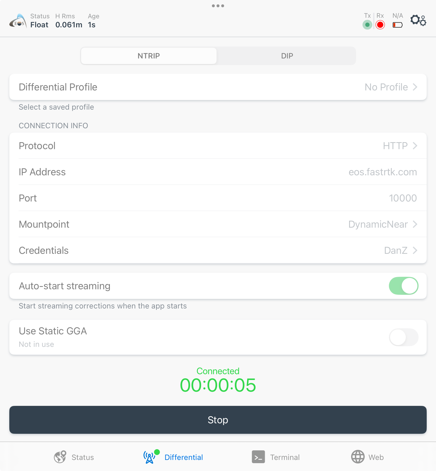 6. Now tap the Start Streaming button. A timer will start, and the green Tx LED in the top right corner of the app will start blinking as your receiver begins receiving RTK corrections from Eos Tools Pro.