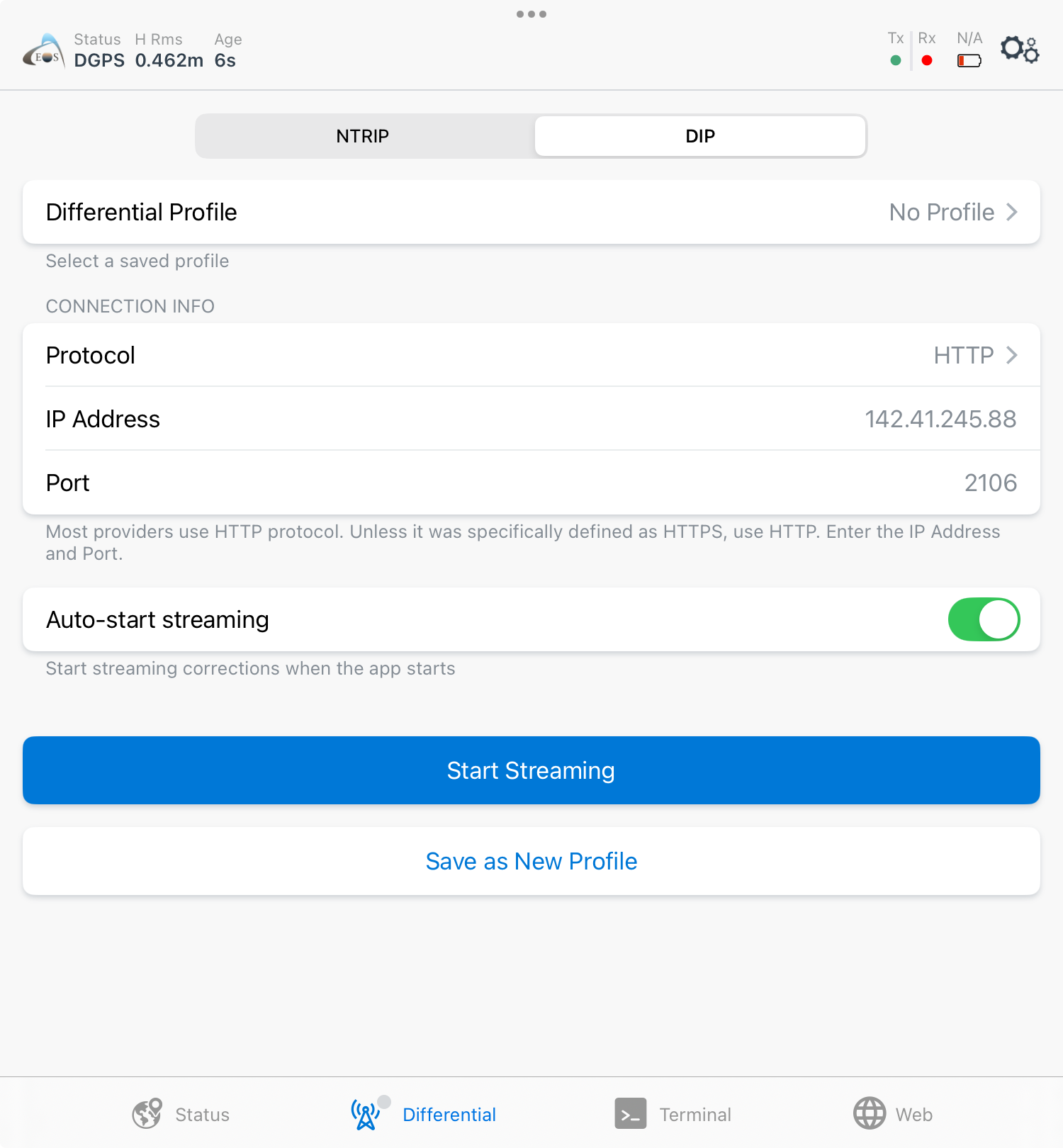 3. Select the Protocol. Most RTK network providers use the HTTP protocol. Unless your provider specifies HTTPS, select HTTP. Enter your IP Address and Port (sometimes collectively referred to as "caster information"). This information will be provided to you by your RTK network provider.