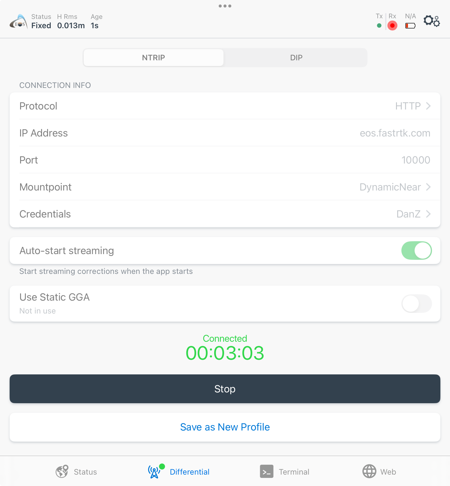 Follow the steps above for either method described above (either NTRIP or DIP). Next, tap the Save as New Profile button. You may tap this button before or after you have started your connection.