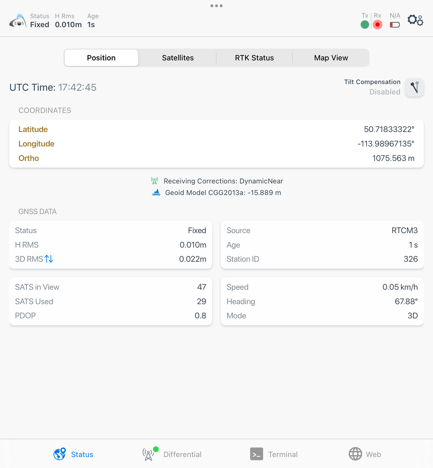 1. Confirm that you have a valid GNSS position. To do this, go to the Status menu at the bottom and tap your Position menu. Your “Coordinates” should be populated and continuously updating.