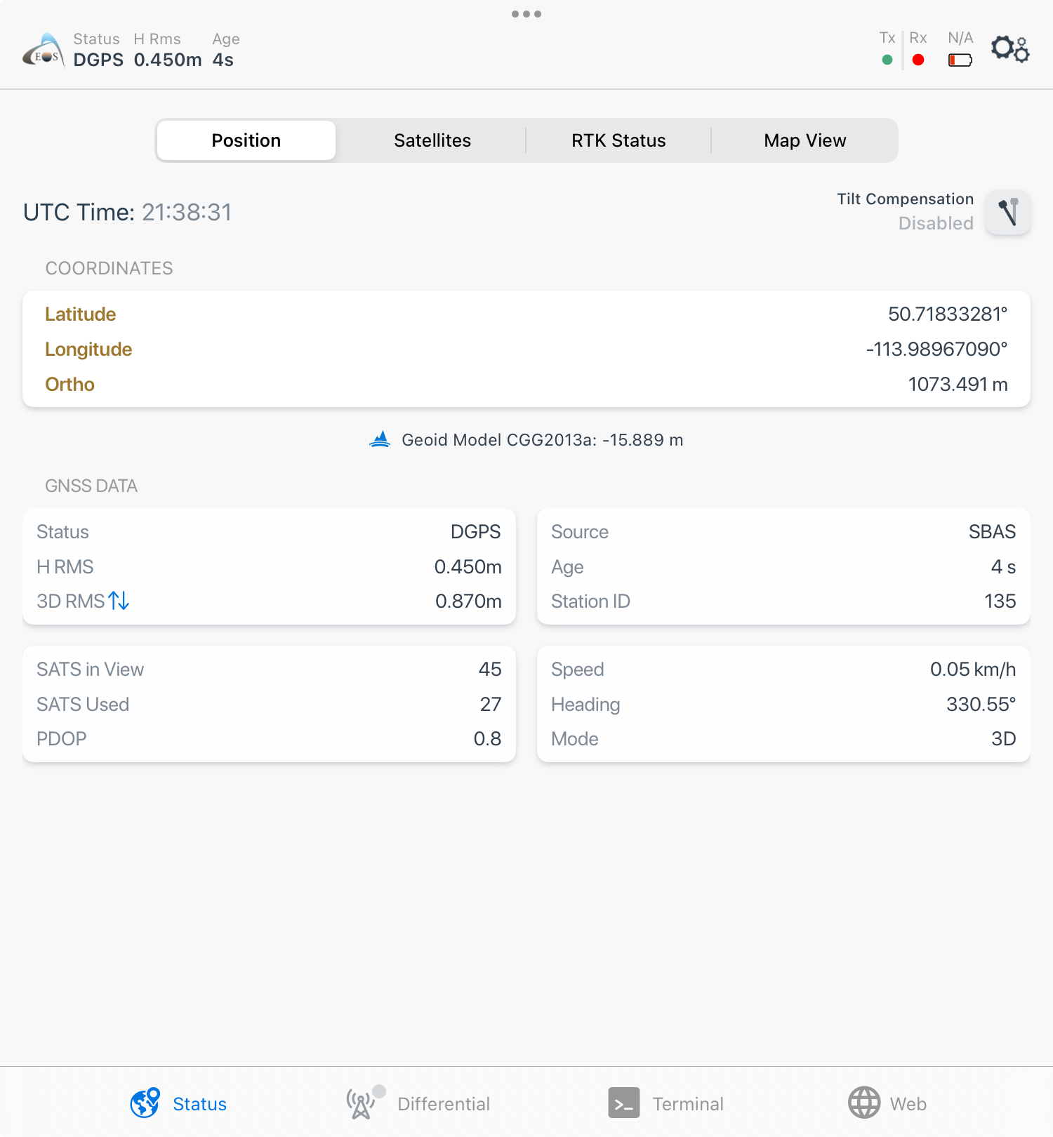 1. Confirm that you have a valid GNSS position. To do this, go to the Status menu at the bottom and tap your Position menu. Your “Coordinates” should be populated and continuously updating.