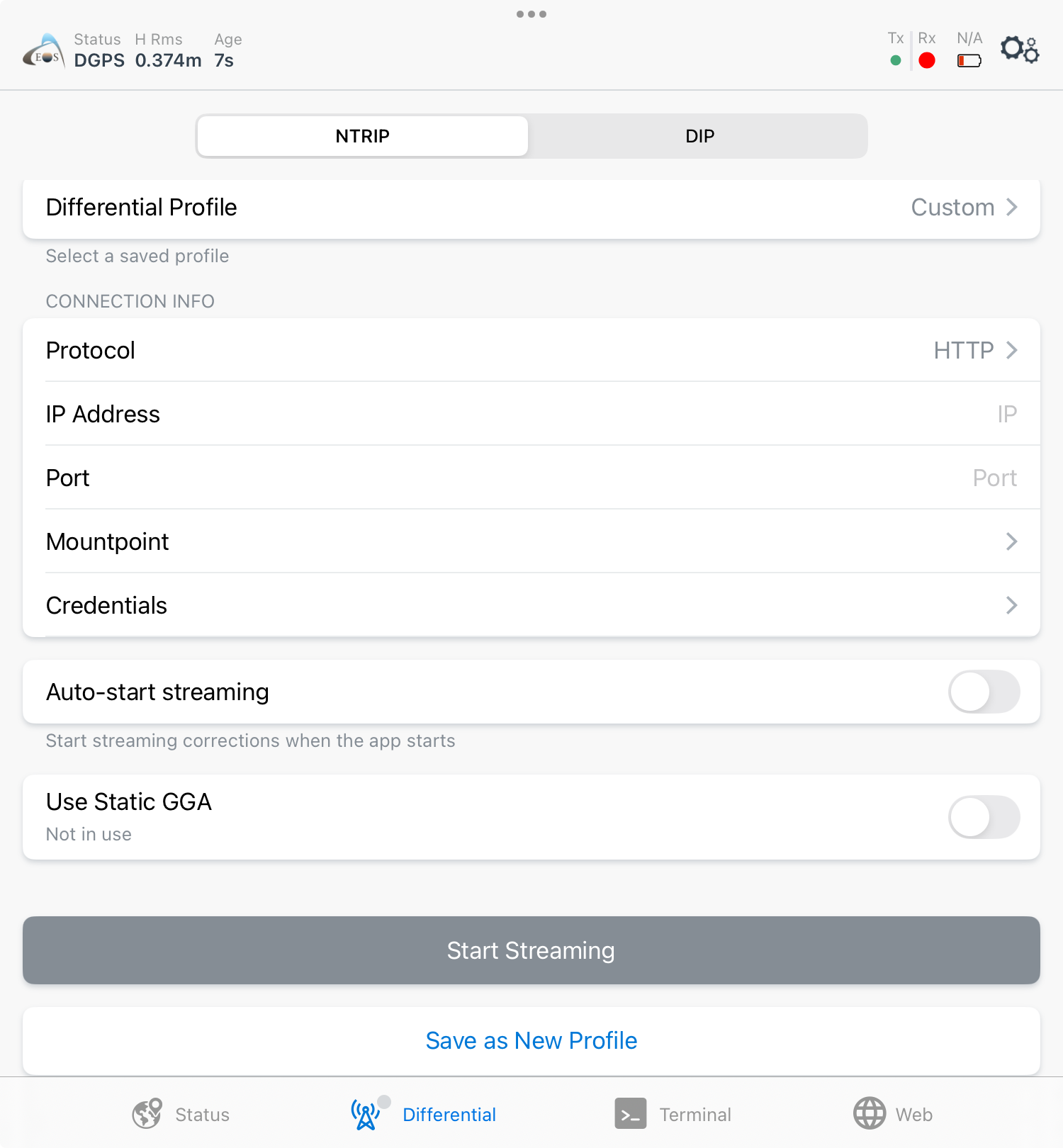 2. Now tap open the Differential menu at the bottom of the app. Select the NTRIP tab.