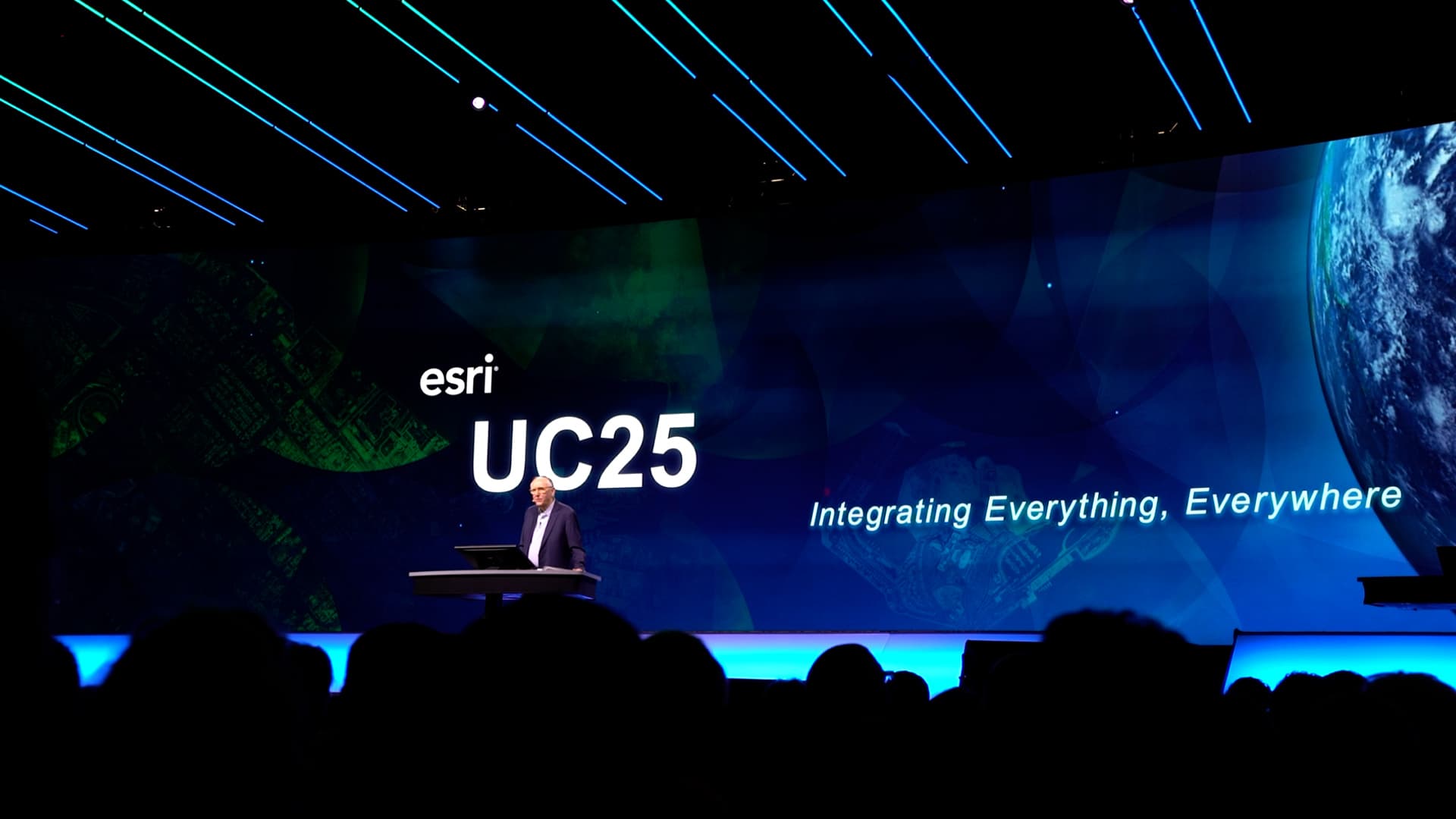01 - Jack Dangermond Esri UC Plenary copy Esri President Jack Dangermond kicked off the plenary on Monday, July 14, showcasing how GIS is “Integrating Everything, Everywhere,” with inspiring examples from GIS users across the globe.