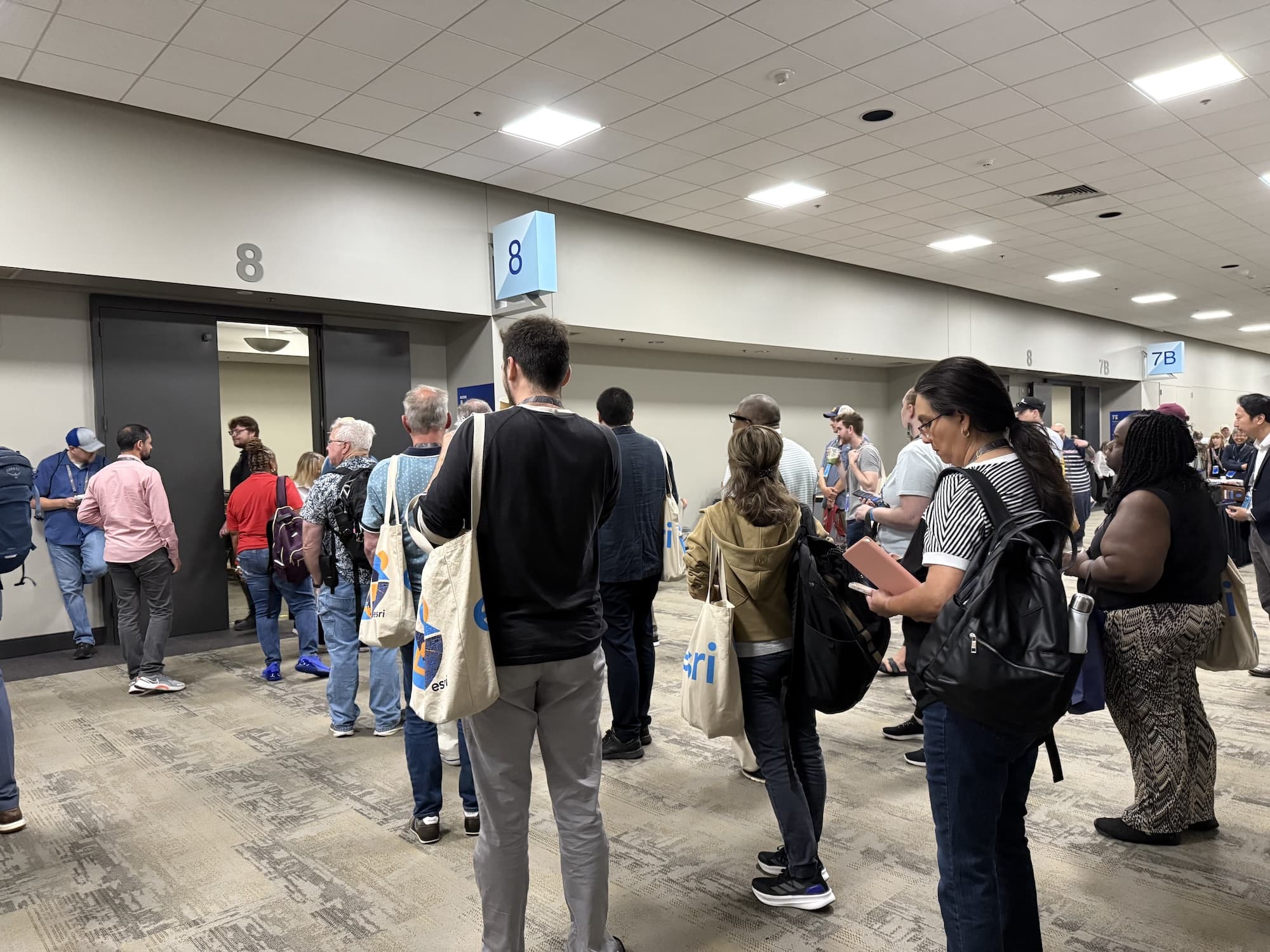 20a - lunch session outside room copy Attendees waited for doors to open at the annual Eos lunchtime session, “What’s New in High Accuracy GNSS/GIS for Esri Users” at San Diego Convention Center. We were blown away at the terrific questions and engagement everyone brought to the presentation!