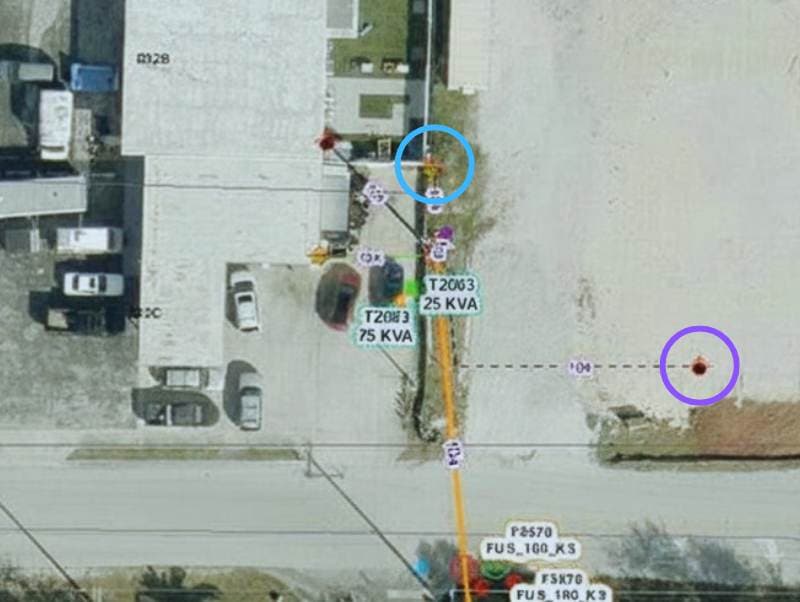 LCEC - GPS After photo In reality, the four assets were located in these locations. LCEC mapped them with high-accuracy using the Skadi 300 and smart handle alongside ArcGIS Field Maps.