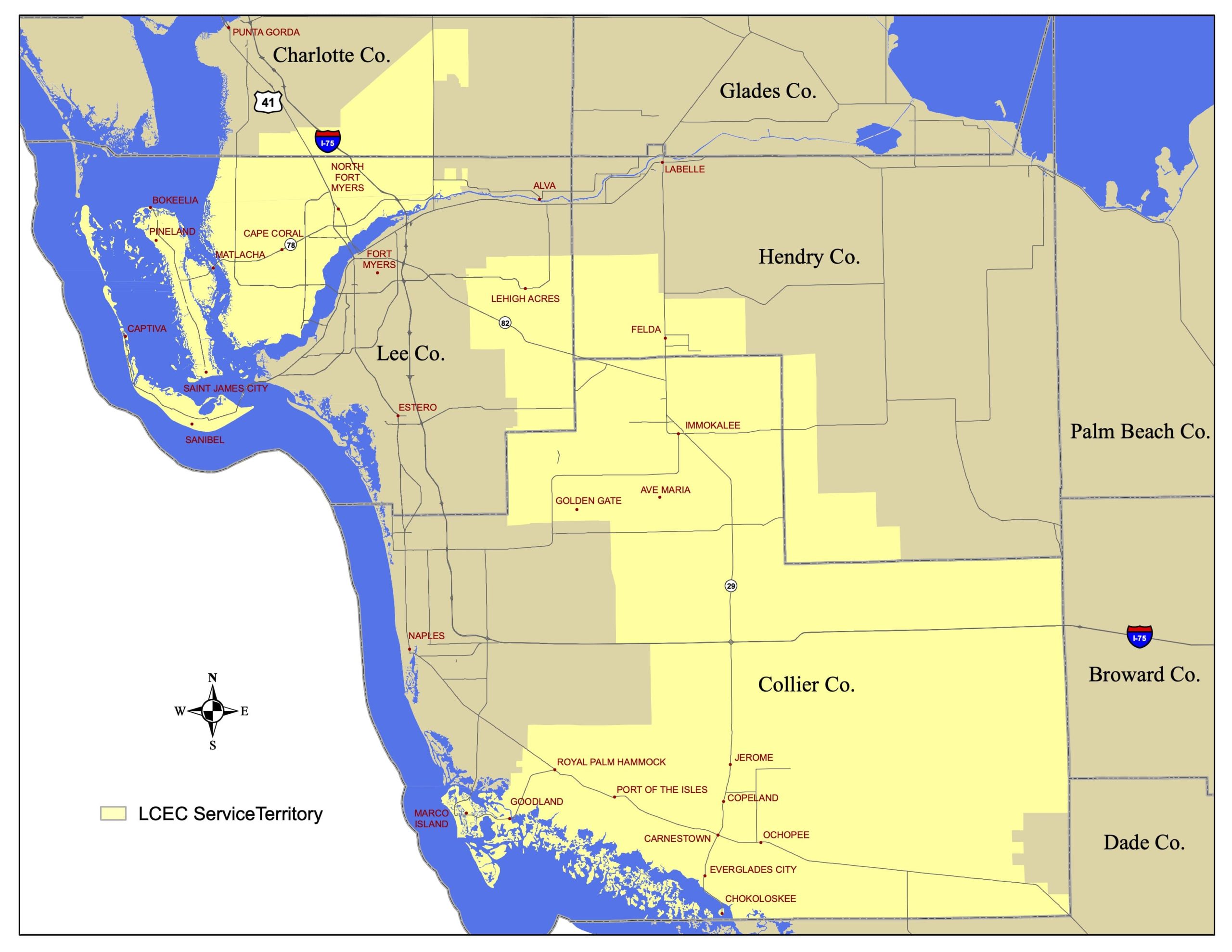 LCEC - GeneralTerritoryMap-HighContrast Lee County Electric Cooperative LCEC service territory map high contrast