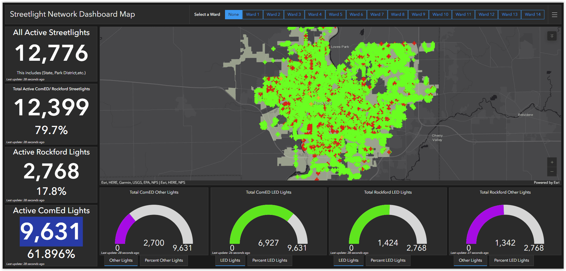 City of Rockford Illinois - Streetlight Dashboard A "Streetlight Network Dashboard Map" in the office summarizes important information about streetlights within the City of Rockford.