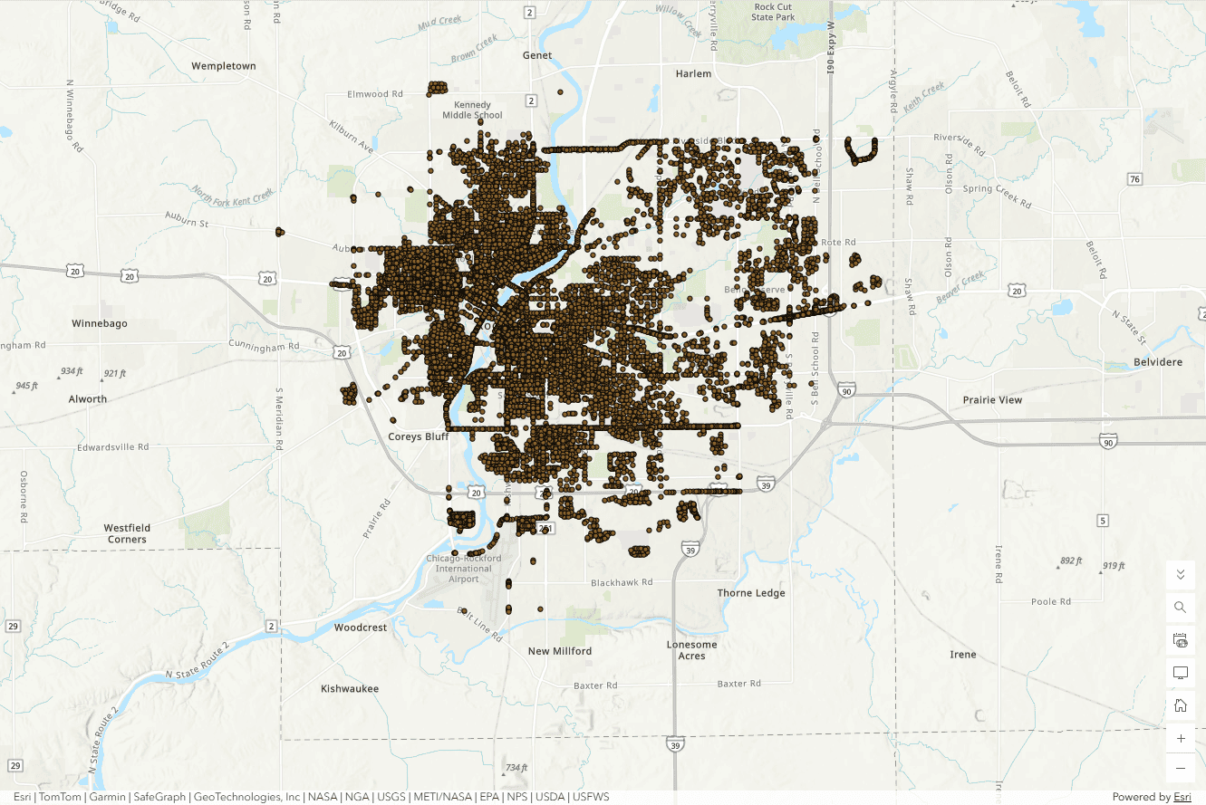 City of Rockford Illinois - StreetlightPhoto This ArcGIS screenshot shows the entire streetlight inventory that City of Rockford interns mapped in the summer of 2026.